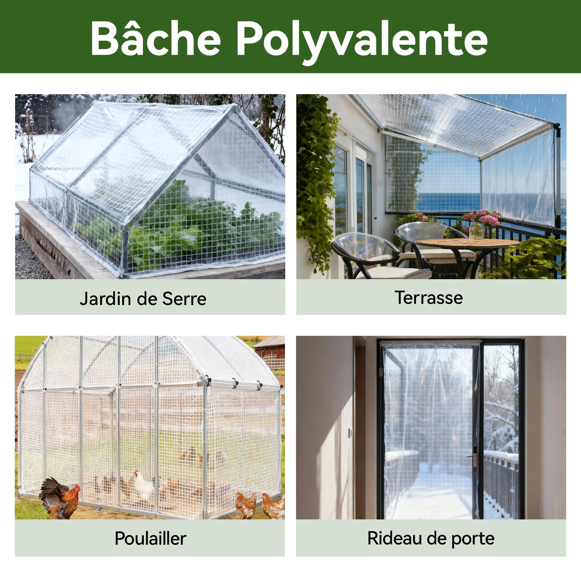 Bâche Transparente Extérieur 2x2m Dimensions Finies, avec Oeillets, Haute Résistance 165 g/m² Armée, Imperméable, Idéale pour Serre, Jardin, Poulailler et Protection Balcon Contre la Pluie