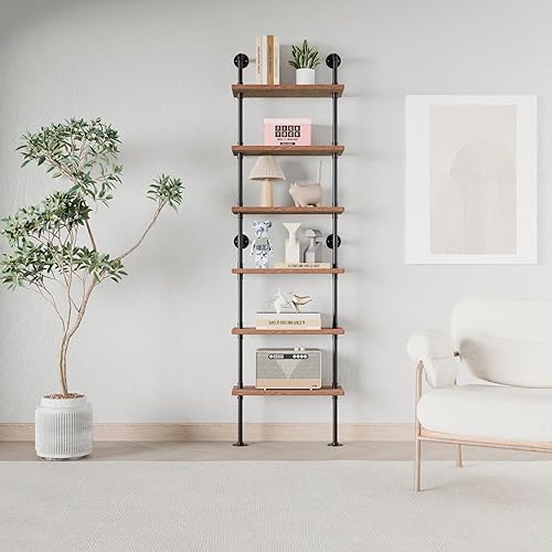 Miniatura 38 de Estantería industrial de 5 niveles, estantería rústica de tubería de metal de madera montada en la pared para sala de estar (marrón envejecido, 10