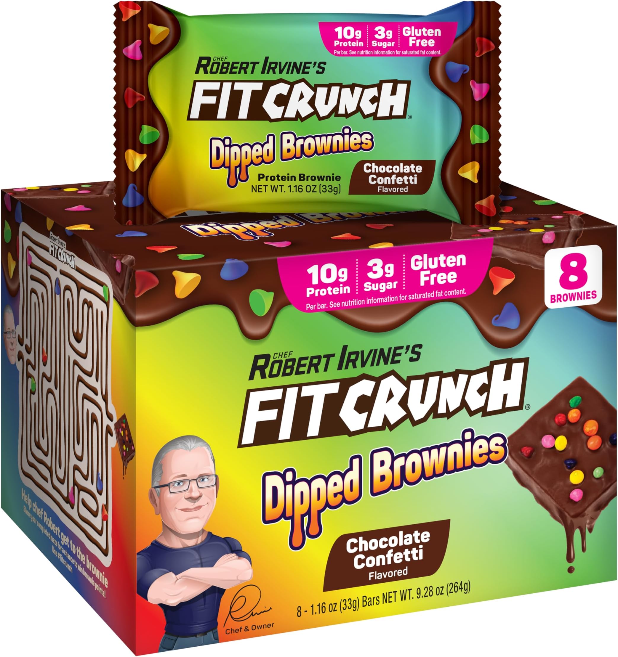 FITCRUNCH Dipped Protein Brownies, 10g of Protein & 3g of Sugar (8 Brownies, Chocolate Confetti)