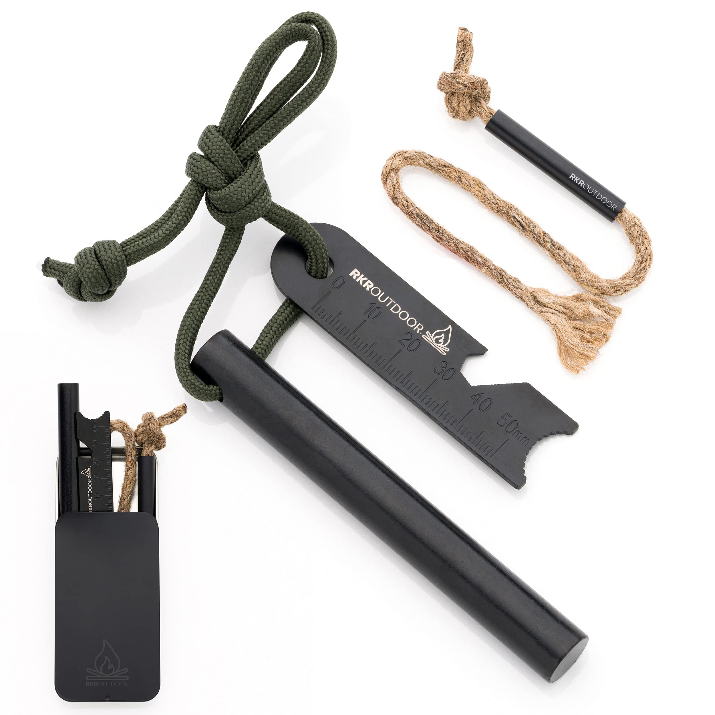 RKR OUTDOOR Ferro Rod Flint Fire Starter Kit + Fire Tinder Wick Bellow with  Sliding Box -