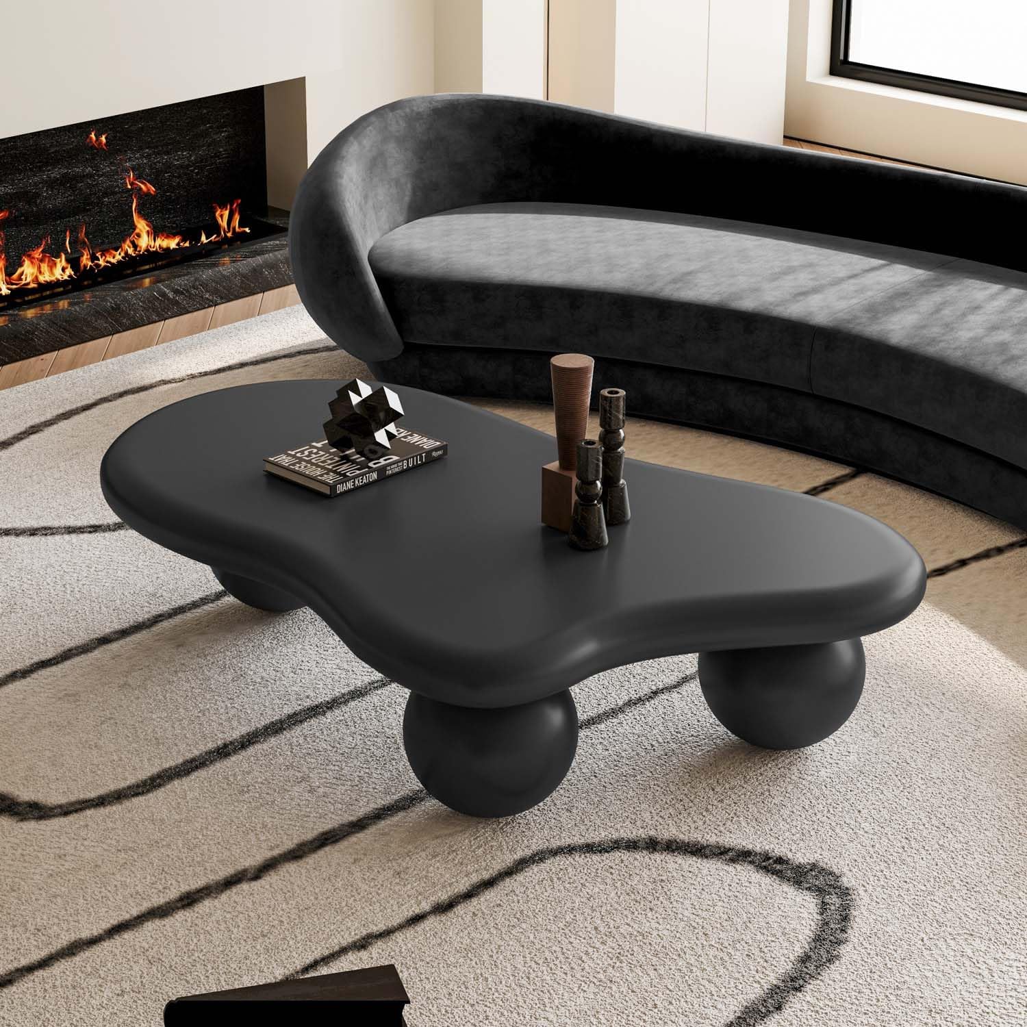 47" Modern Black Coffee Table Cloud Shape Low Center Table Cute Irregular Indoor Tea Table with 3 Ball Legs for Living Room Small Space