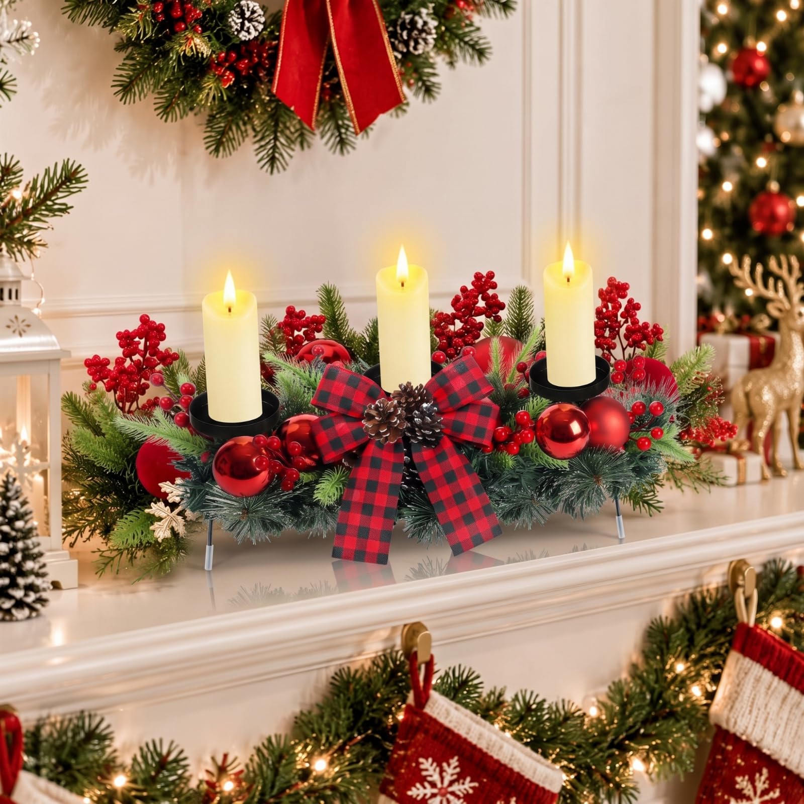 meekoo Christmas Centerpiece with 3 Candle Holders 3 LED Candles 1 String Lights Xmas Triple Candelabrum Red Buffalo Plaid Bow Berry with 3 Candle Holders for Tables Home Decorations