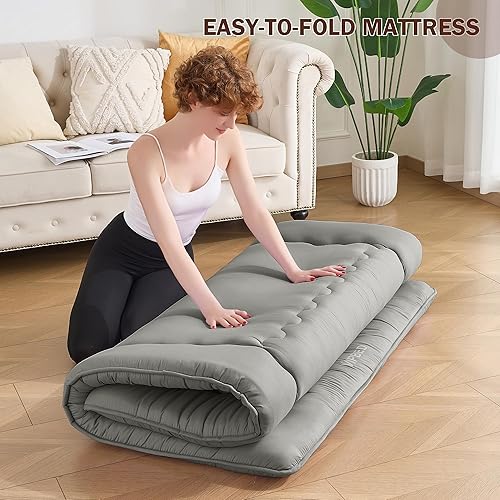 Miniatura 7 de Colchón tipo futón japonés 25D, tamaño matrimonial de 54 x 80 pulgadas, 4 pulgadas de grosor, plegable, tapete de cama enrollable diseñado por