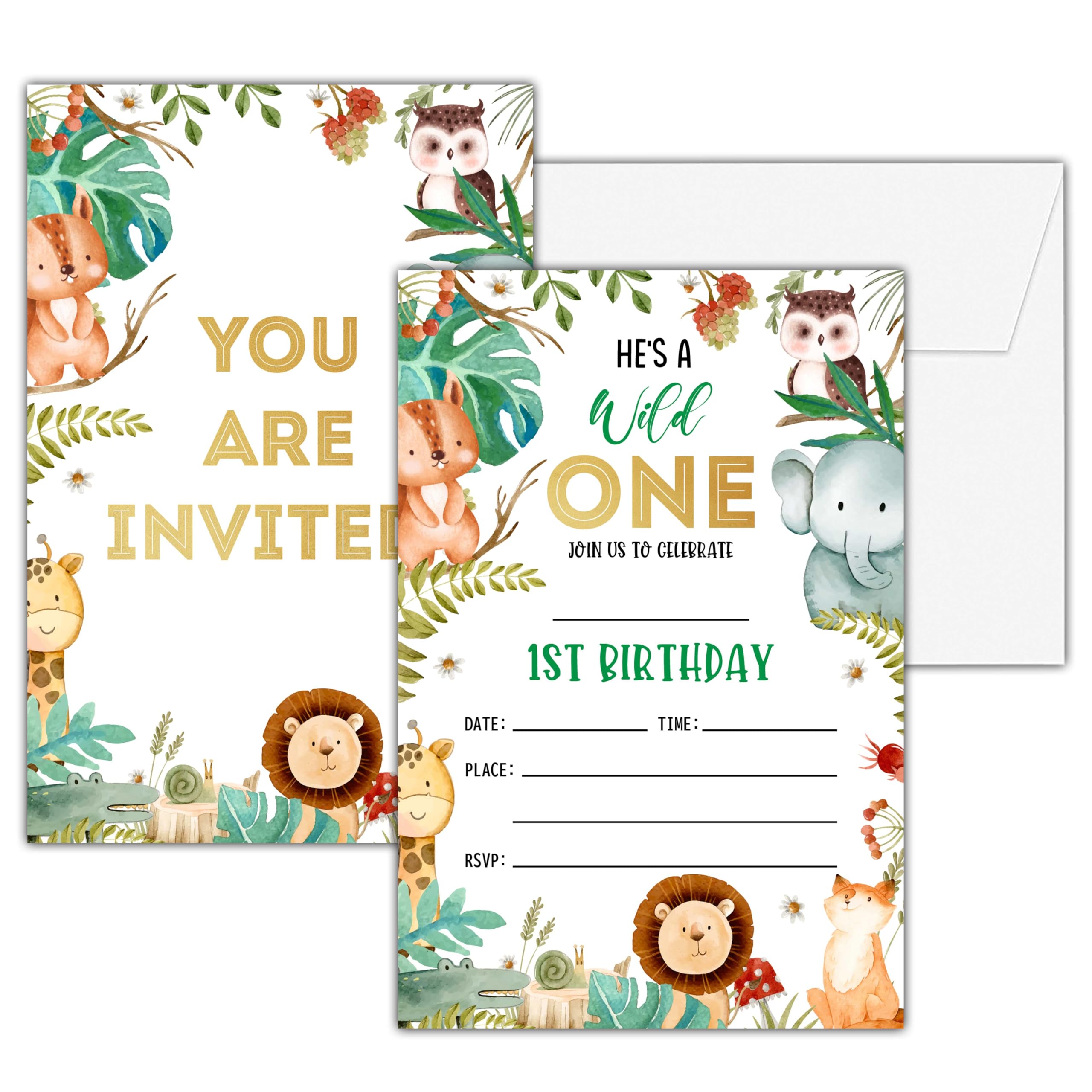 Wild One Birthday Invitations, 25 Double-Sided Invitation Cards with 25 Envelopes, Jungle Animals Party Decoration Supplies - C09