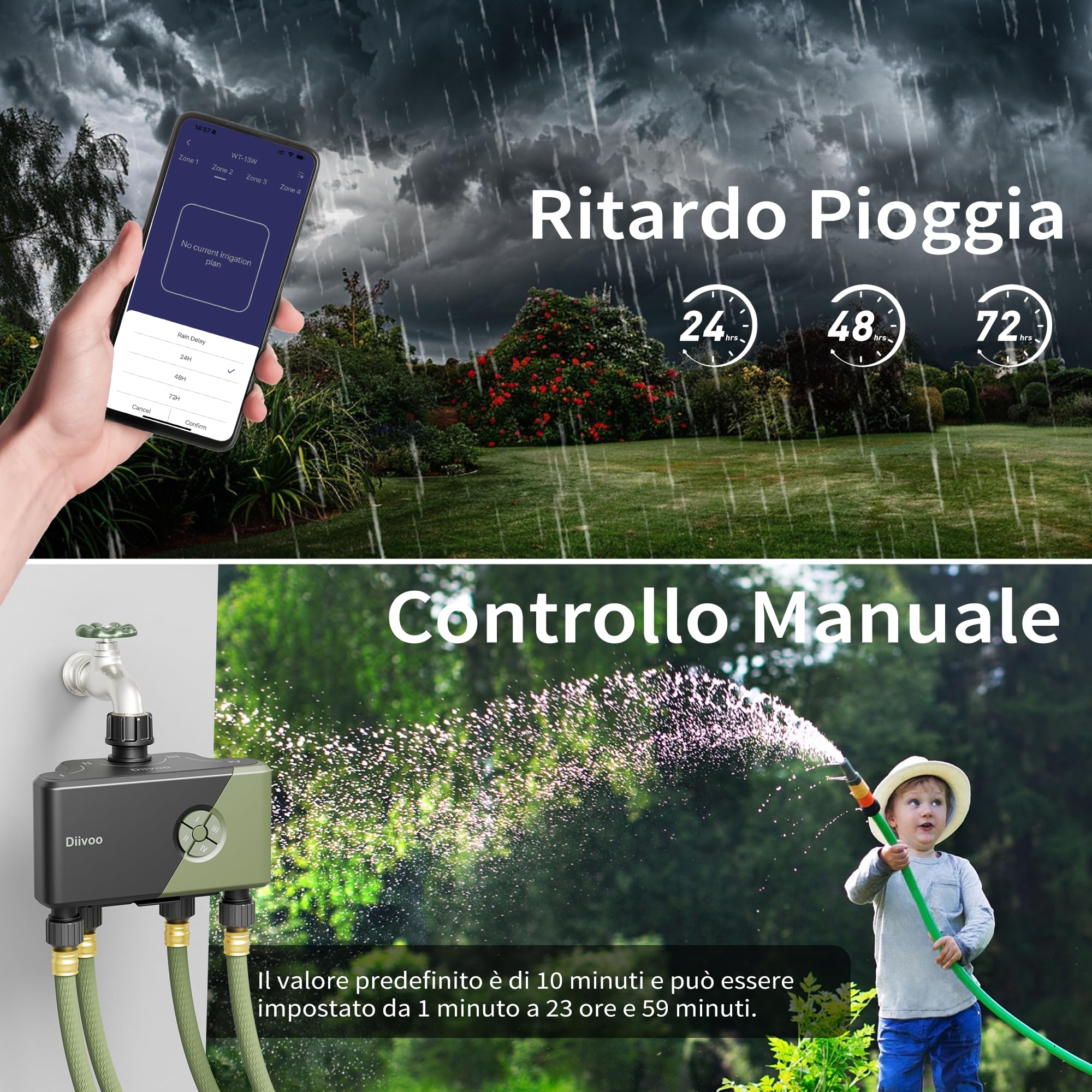 Diivoo Centralina Irrigazione WiFi 4 Vie, Timer Irrigazione Automatica con 24 Programmi & 2 Modalità & Ritardo Pioggia, Temporizzatore Irrigazione 4 Uscite Compatibile con Alexa & App per Giardino