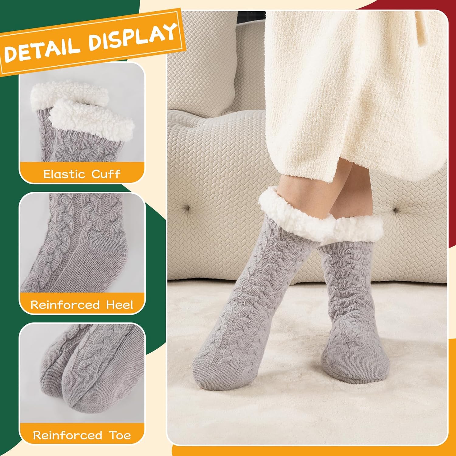 Womens Warm Slipper Socks Winter Knit Fuzzy Cozy Thick Fleece Lined Socks with Grippers Thermal Home Socks - Image 5