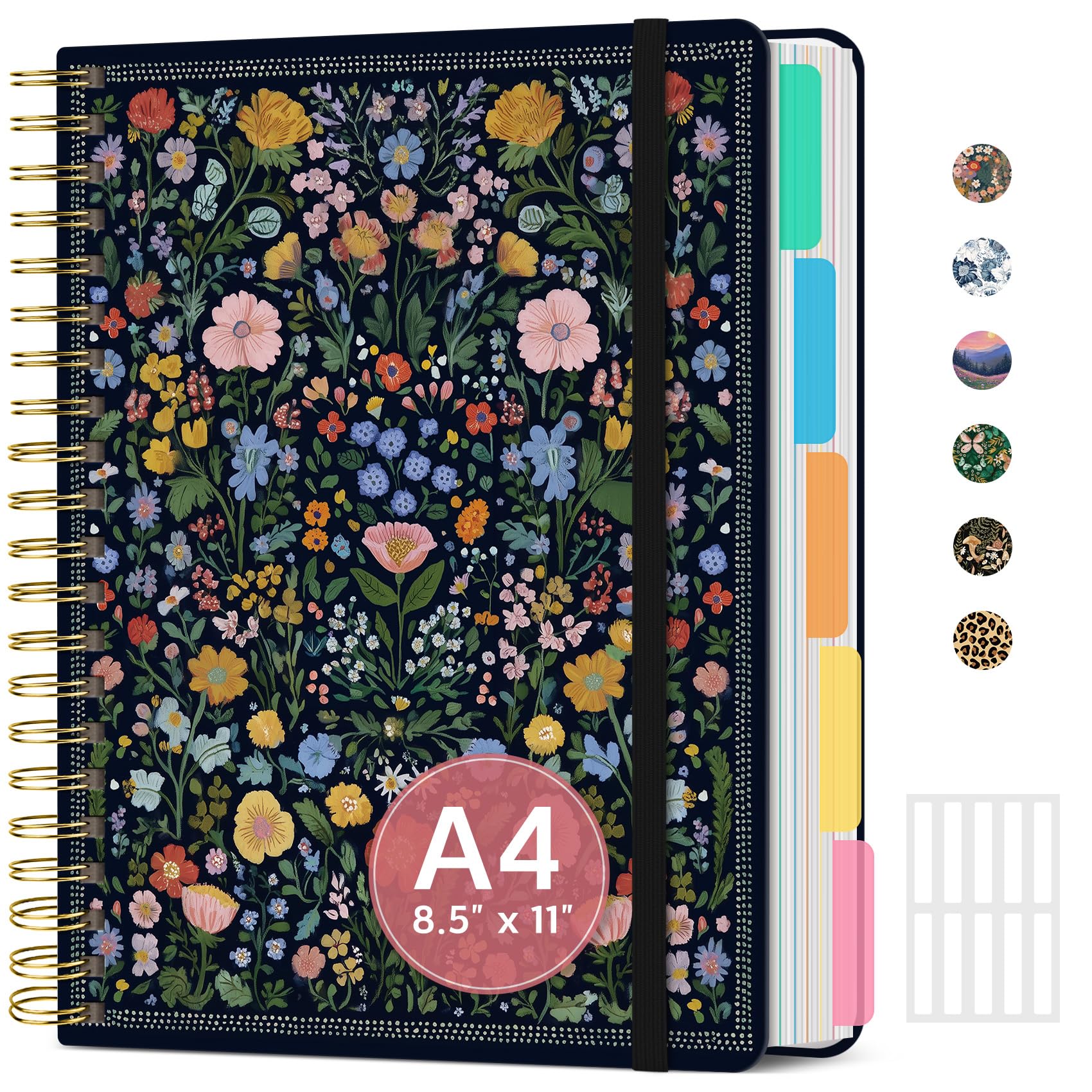 Large Lined Spiral Journal for Women Cute Hardcover 5 Subject Notebook for Work 8.5" x 11" with Removable Dividers & Tabs, College Ruled, 280 Pages Aesthetic Journal for Work, School & Note Taking, Garden of Whimsy