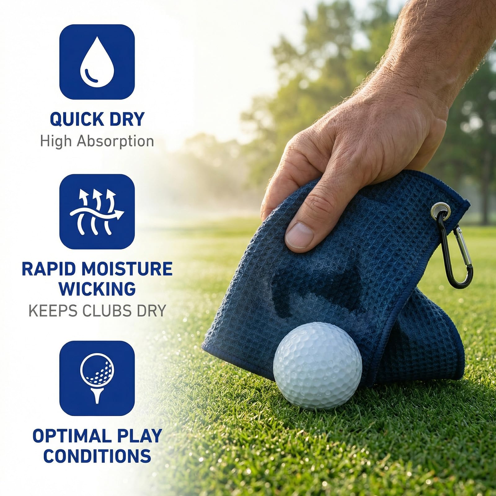Daleweo Toalla de golf de microfibra, 2 unidades, con clip de mosquetón, 30 x 30 cm, diseño de gofres absorbentes, accesorios de golf, paño de limpieza, color negro y azul marino para pelotas de golf — view 4