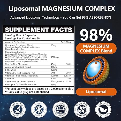 Miniatura 4 de 21 en 1 Liposomal 12 tipos activos complejo de magnesio 1400mg (glicinato, citrato, malato, etc.) cápsula -con vitamina D3, B6, B12, Ashwagandha y