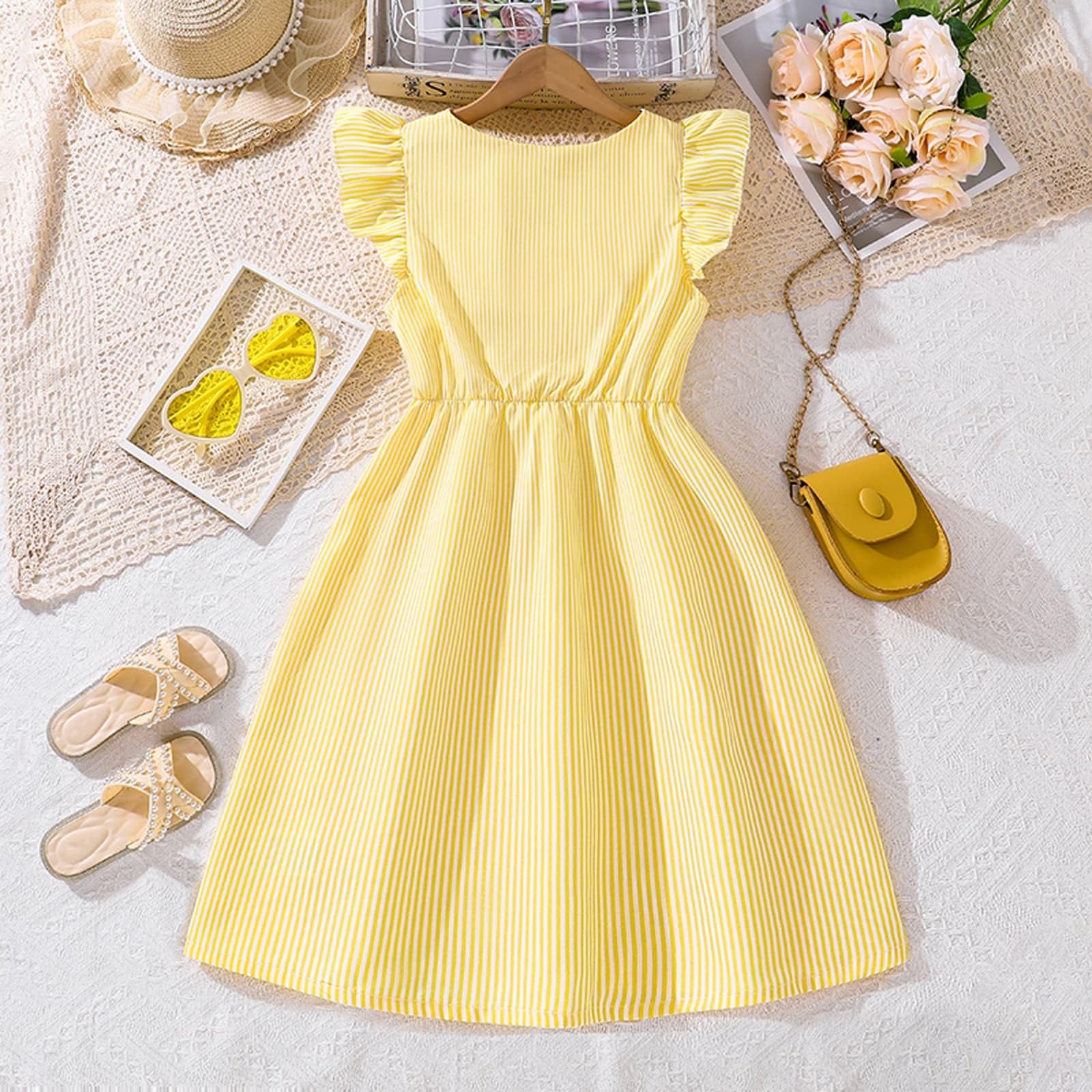 Vestito Estivo Casual da Bambina Senza Maniche, a Trapezio, con Bottoni, Orlo a Balze, a Righe, 8-12 Anni