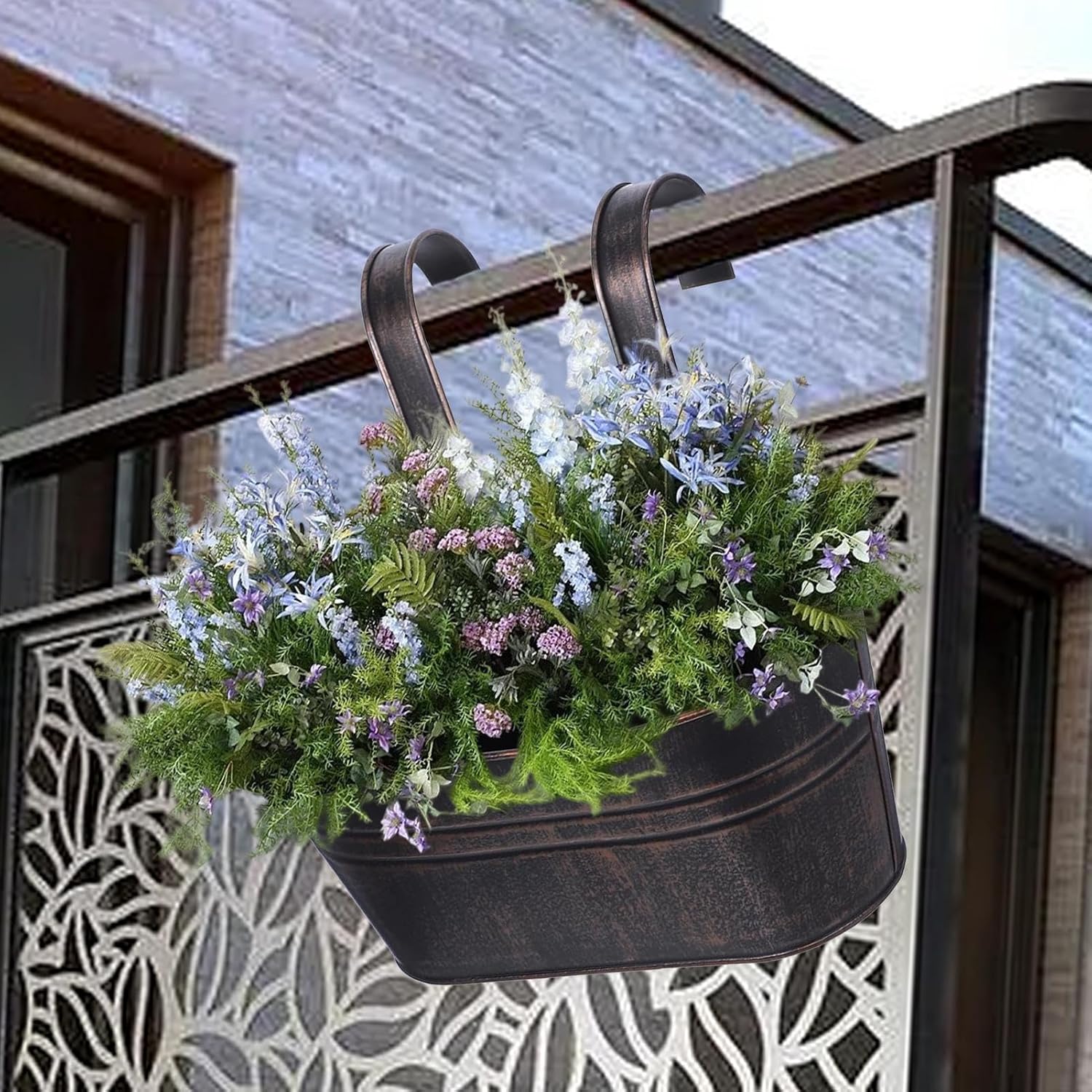 Genérico Railing Flower Pot | 3 Pieces Garden Pots with Drainage Holes, Metal Pot Holder with Detachable Hooks for Balcony Window Balcony Patio Porch Garden