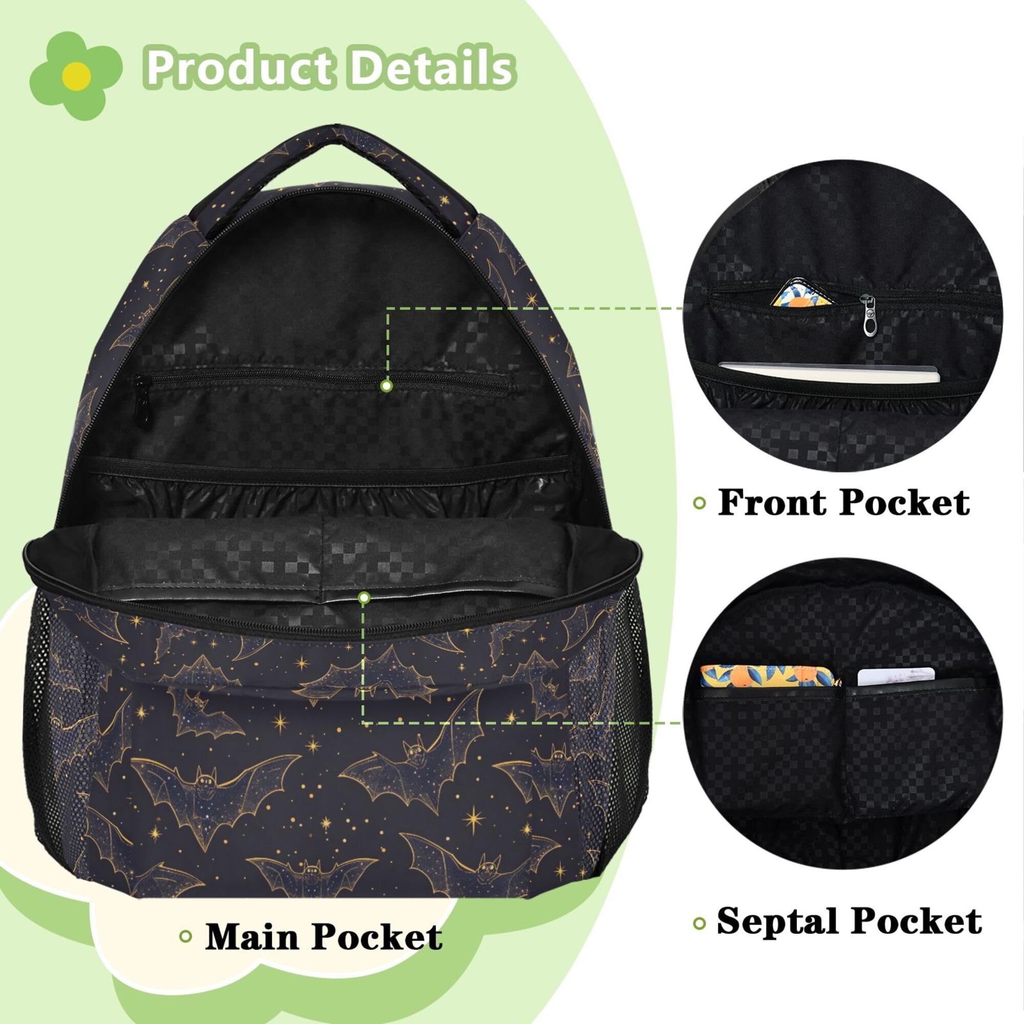 ALAZA Mochila para niños, mochila escolar con diseño de murciélagos y estrellas, color negro, de gran capacidad, para estudiantes, para niños y niñas, Bats I8277, M, Bats I8277