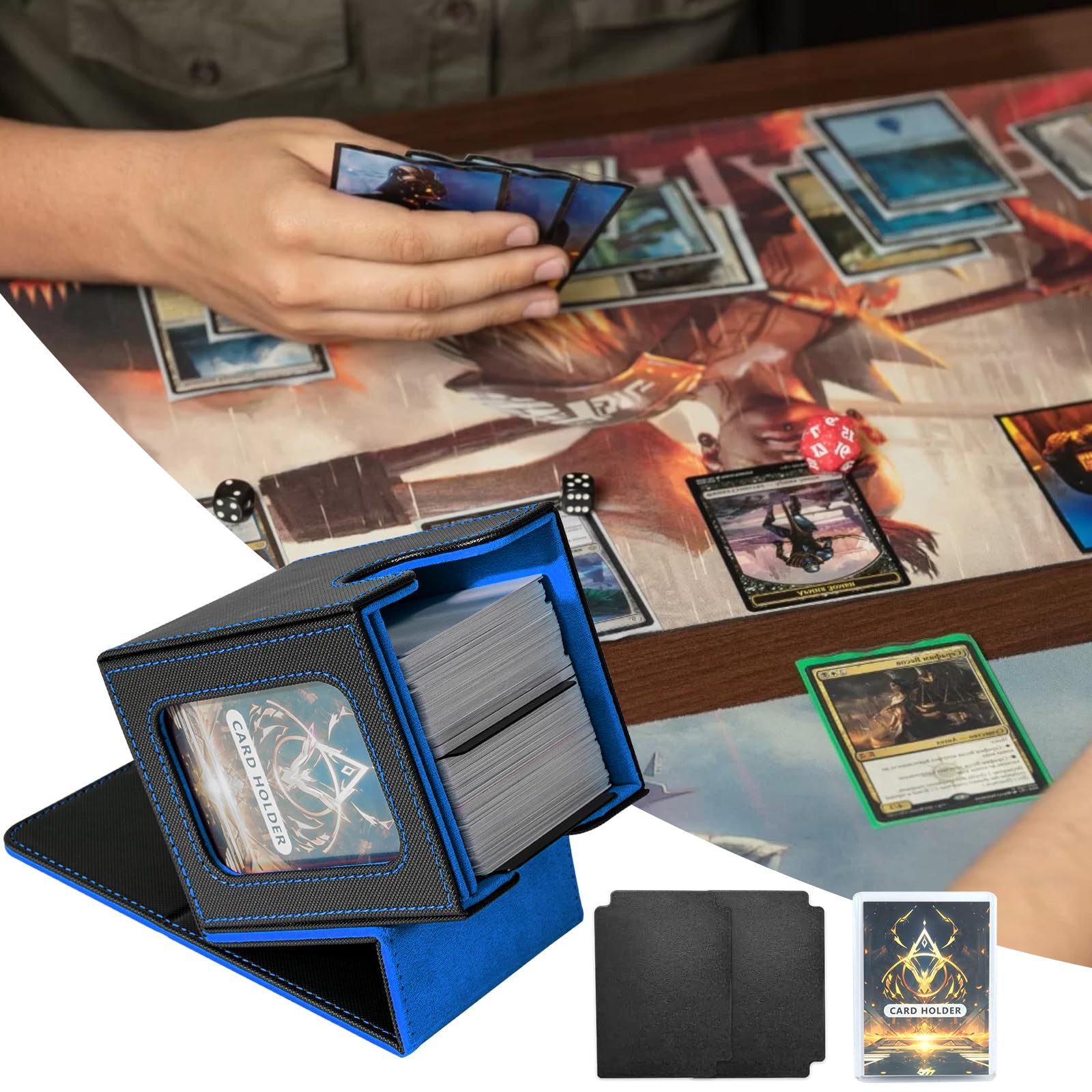 Porta Mazzo di Carte per MTG Commander, Scatola per Carte TCG, Scatola Porta Carte Collezionabili Magnetica in Pelle PU, Contiene 100 Carte a Doppia Busta, Nero e Blu