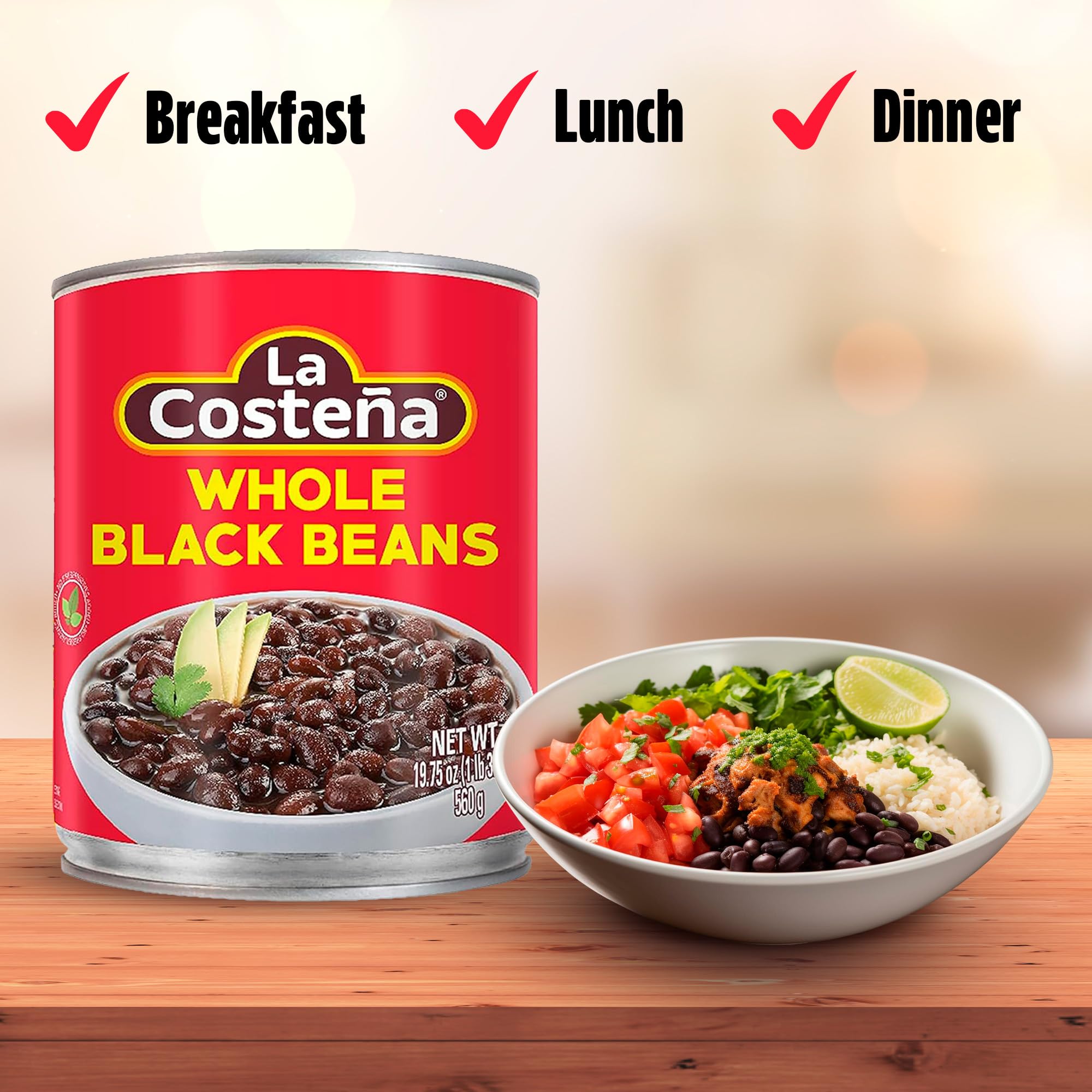 La Costeña Whole Black Beans - Ready-to-Eat Canned Black Beans for Mexican Food, Vegetarian Chili Ingredients, Frijoles Negros, Hummus, Dips, Burgers & Burritos - 19.75 oz, 6 Pack Bulk Canned Food