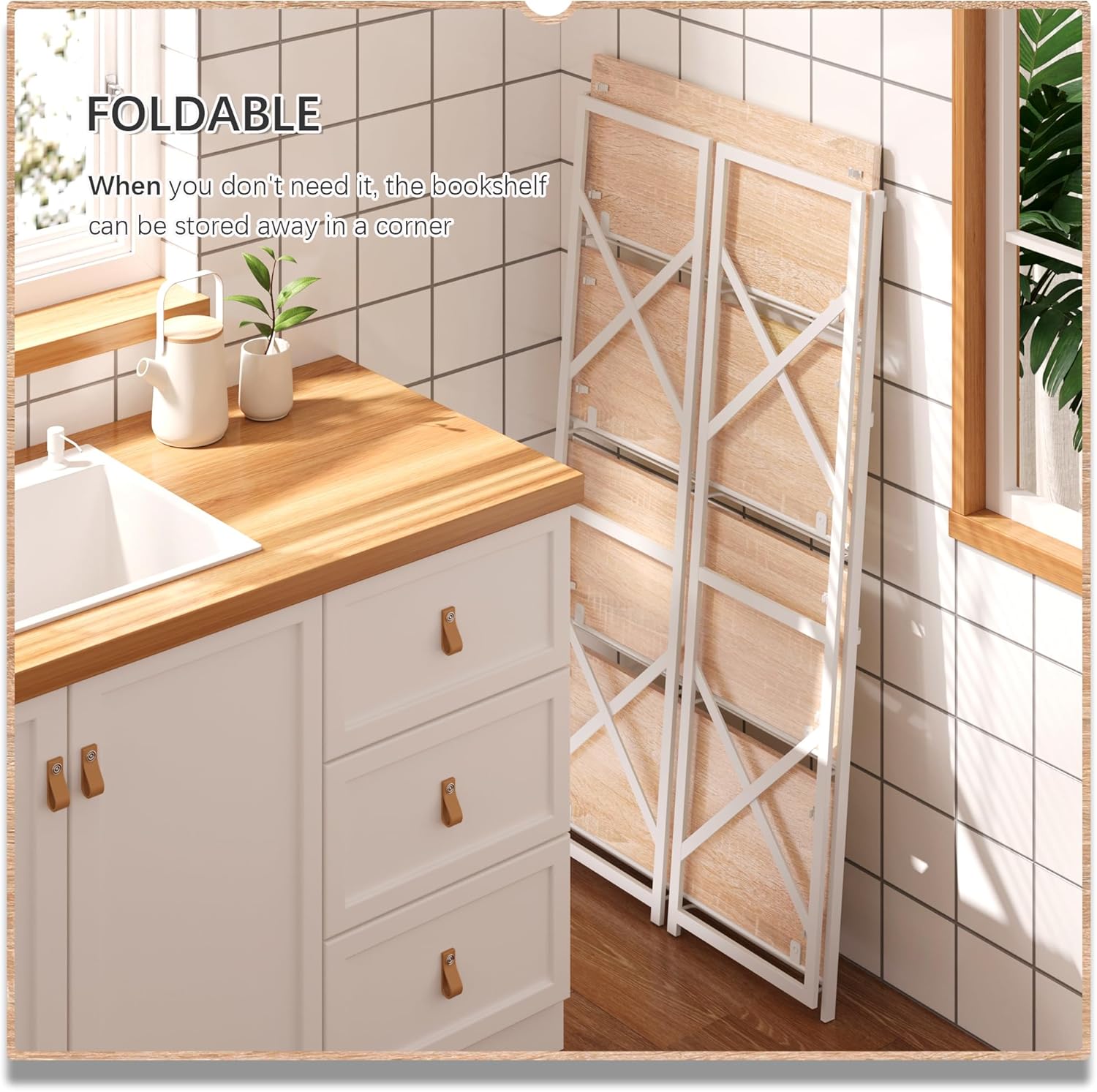 4NM 4 Tiers No Assembly Book Shelves, 41.3" H Folding Bookshelf Bookcase Open Industrial Foldable Shelves for Bedroom, Living Room, Home Office - Natural White - Image 4