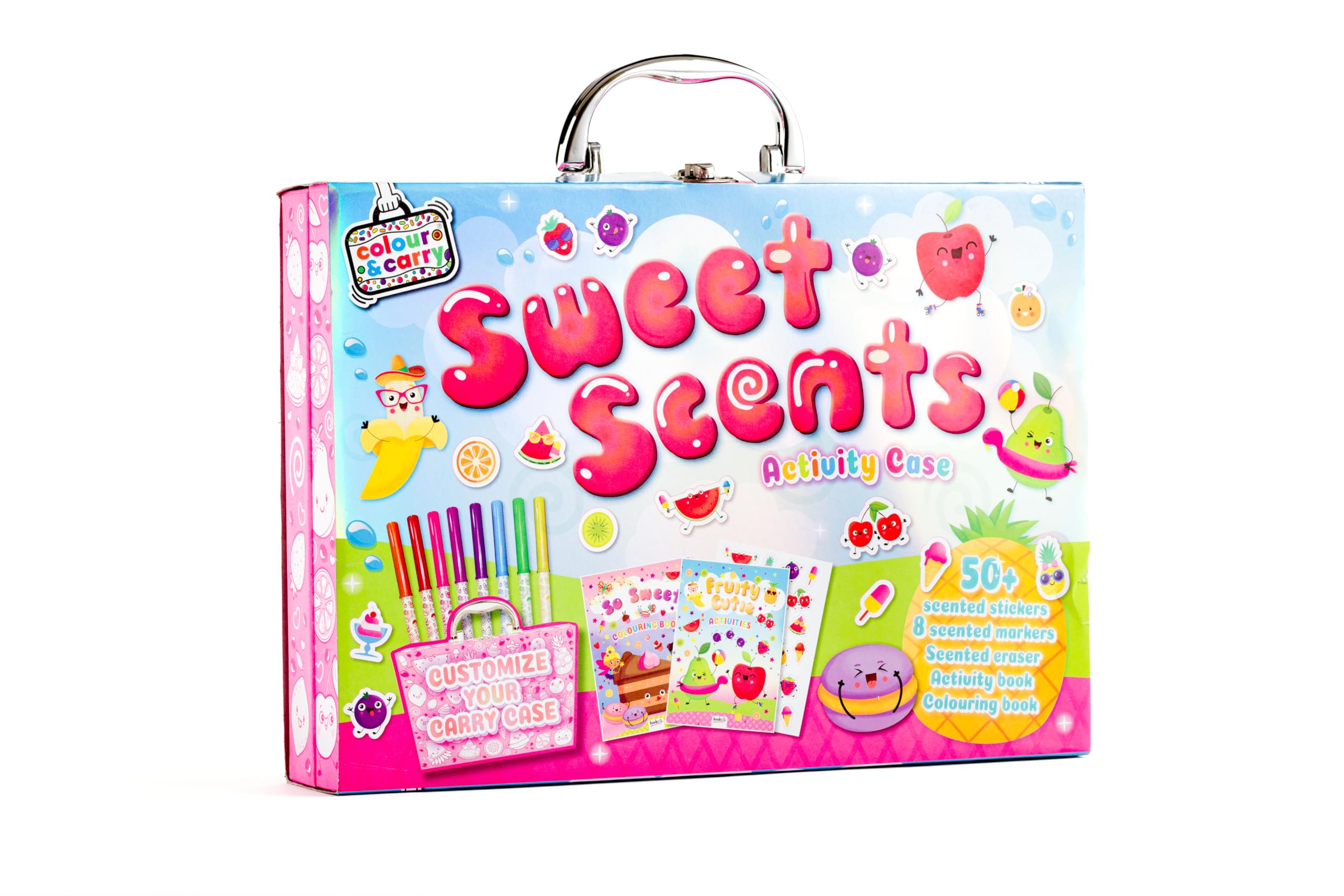 Bookoli – Sweet Scents Activity Case for Kids Aged 6–9 – Sweet-Themed ColouringSet with 50 Strawberry-Scented Stickers, 8 Scented Markers, Colour-in Carry Case – Creative Screen-Free Activity