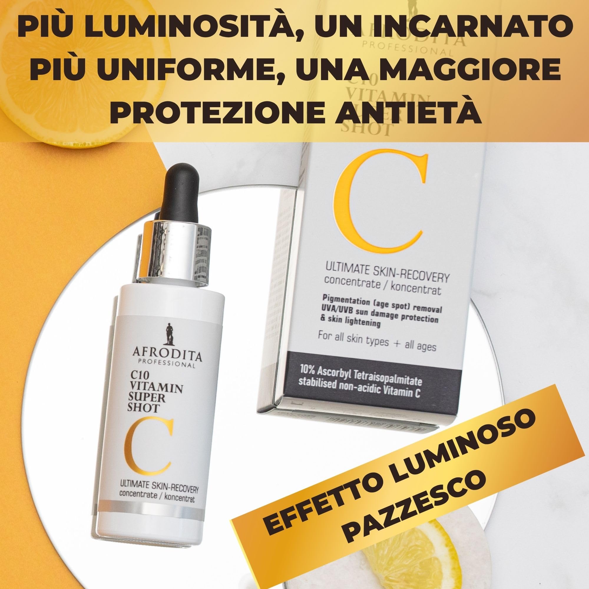 Afrodita Professional C10 Vitamina Super Shot Siero | 10% vitamina C stabilizzato contro le macchie di pigmentazione | Siero sbiancante anti-invecchiamento con effetto bagliore per tutti i tipi di