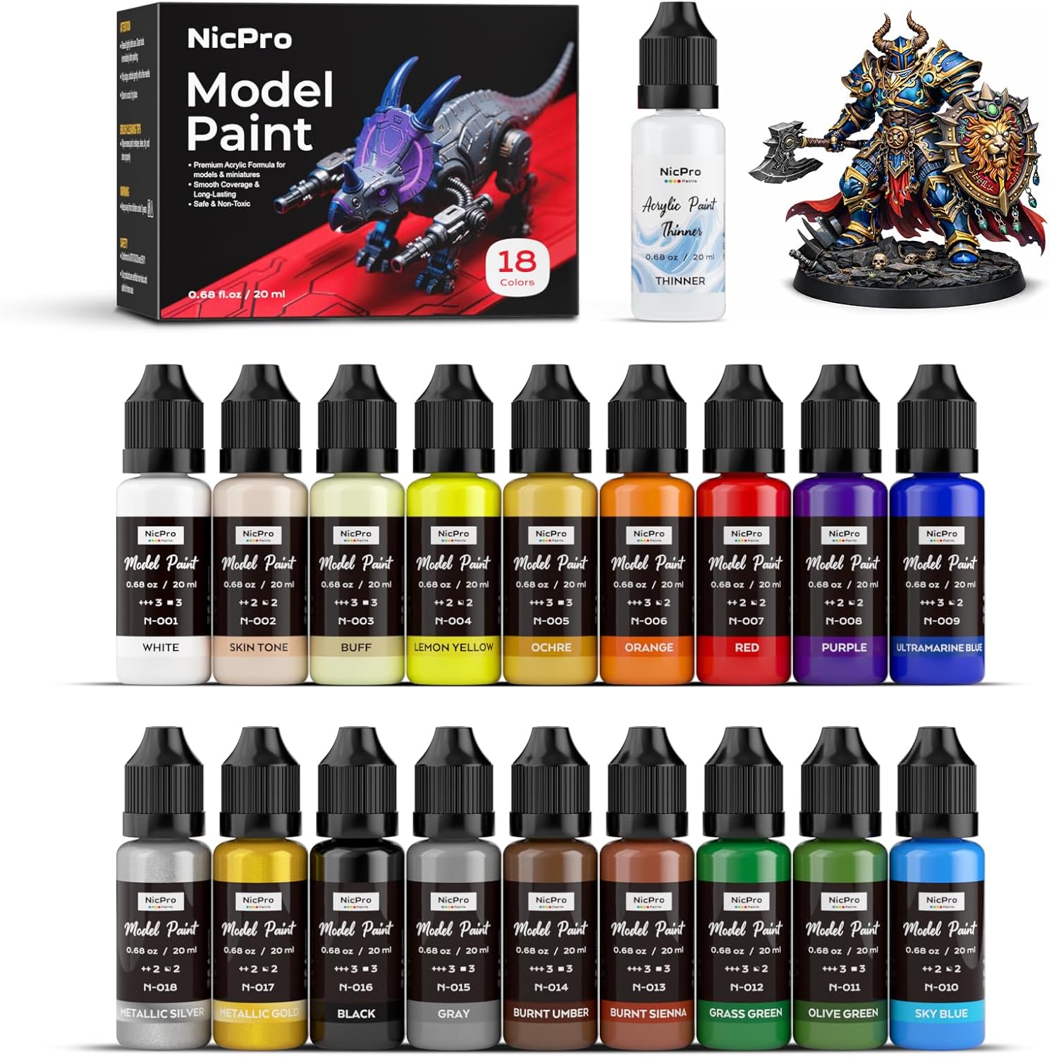 Nicpro 18 Colors Model Paint Set, 20ml Ready to Use Modeling Acrylic Paints, Brush & Airbrush Compatible, Miniature Paint Set for Beginners & Artists on Models, Figures, Crafts, Canvas, with 1 Thinner