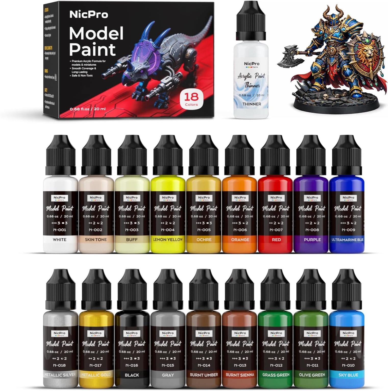 – 18 Colors Model Paint Set, 20ml Ready to Use Modeling Acrylic Paints, Brush & Airbrush Compatible, Miniature Paint Set for Beginners & Artists on Models, Figures, Crafts, Canvas, with 1 Thinner