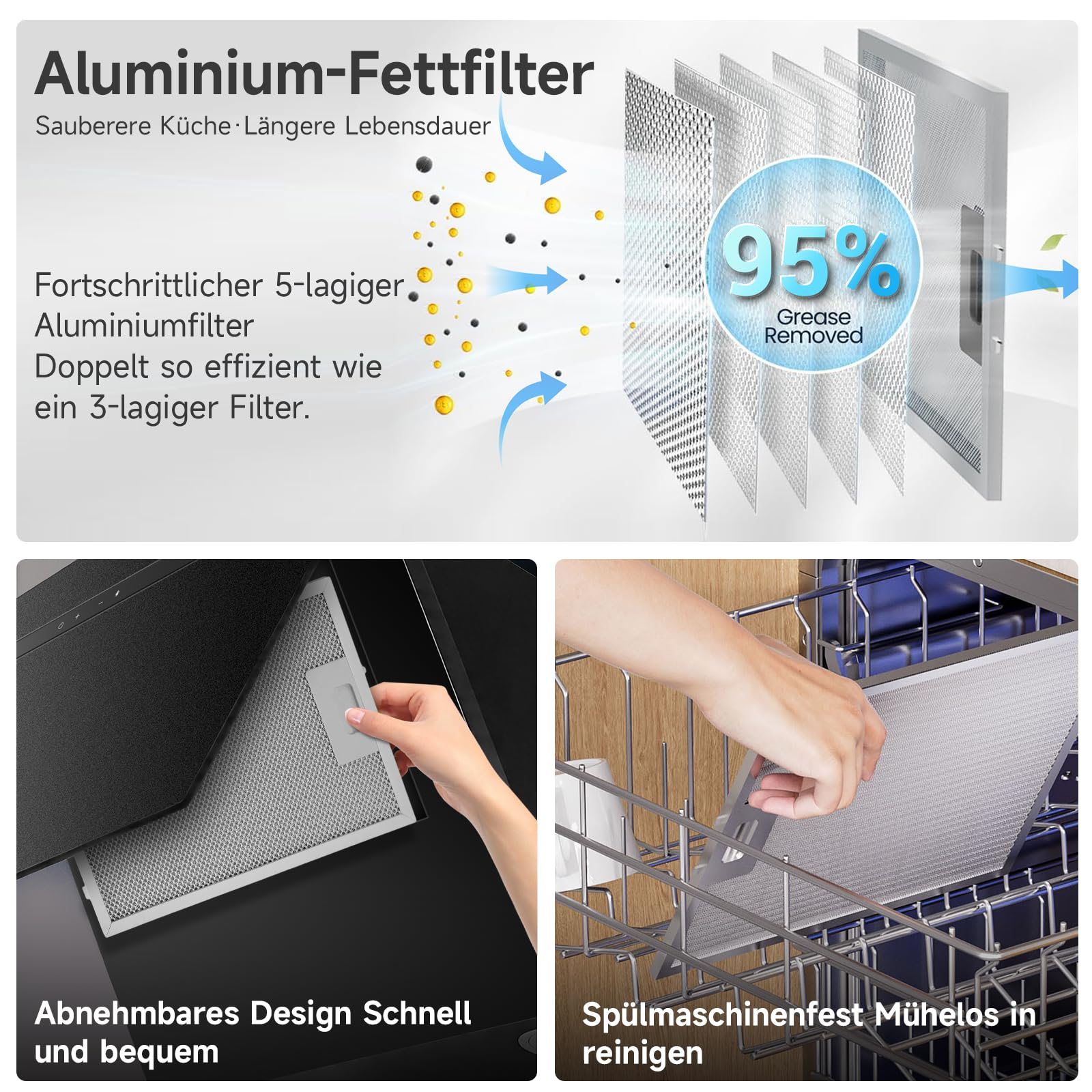 A+++ Dunstabzugshaube 60cm Umluft Kopffrei Schräghaube 380 m³/h Gestensteuerung Touchscreen Abluft Wandmontage Schwarz Mattglas