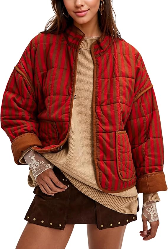 InterNos Womens Quilted Jacket Lightweight Winter Striped