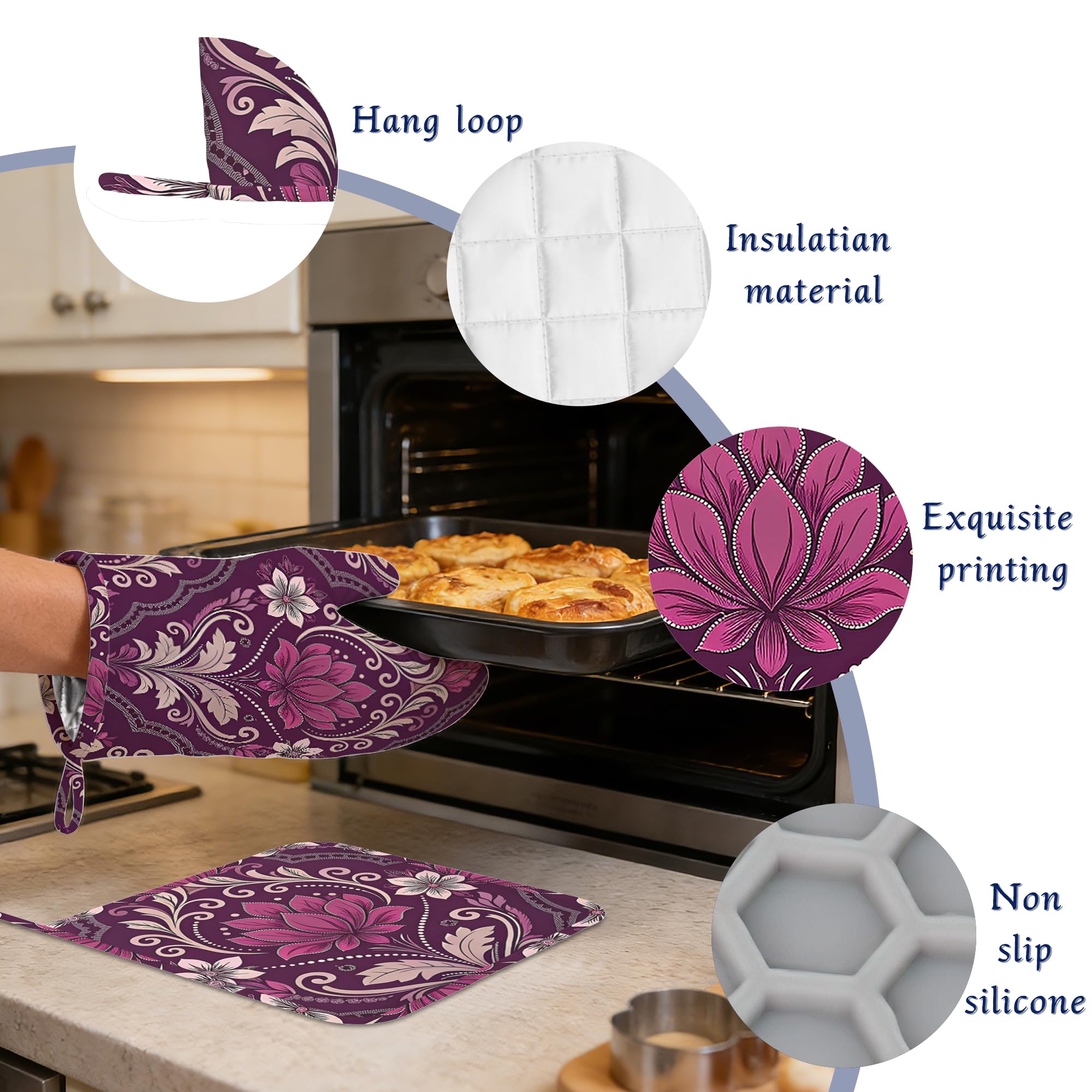 Ofenhandschuhe und Topflappen im Vintage-Stil, Paisleymuster, 4er-Set, violette Blume, hitzebeständige Silikon-Ofenhandschuhe, rutschfeste Küchenhandschuhe, Topflappen zum Kochen, Backen, Grillen