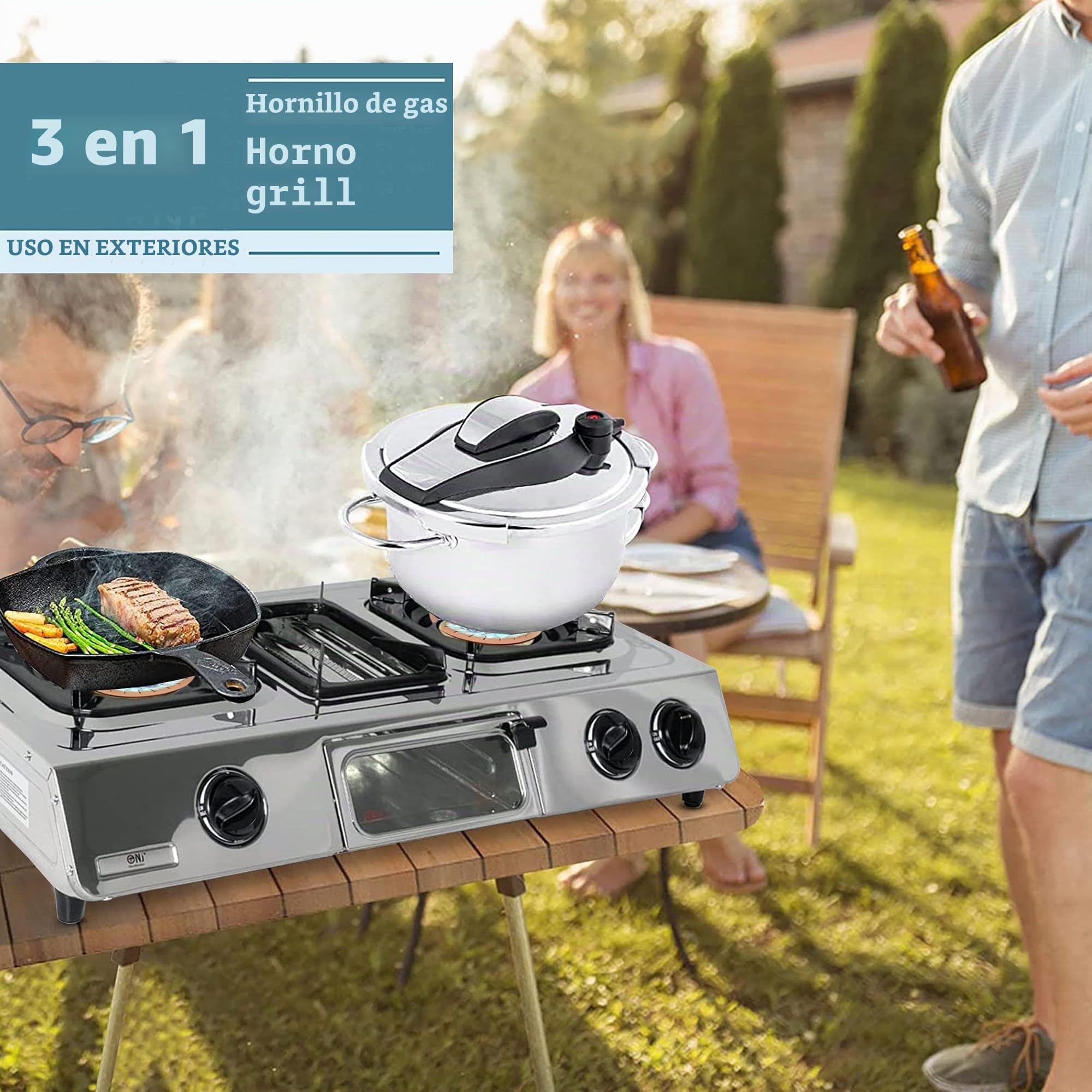 NJ GC-87 – Placa de cocción a gas, con 2 quemadores, parrilla y horno, superficie de acero inoxidable, para uso al aire libre