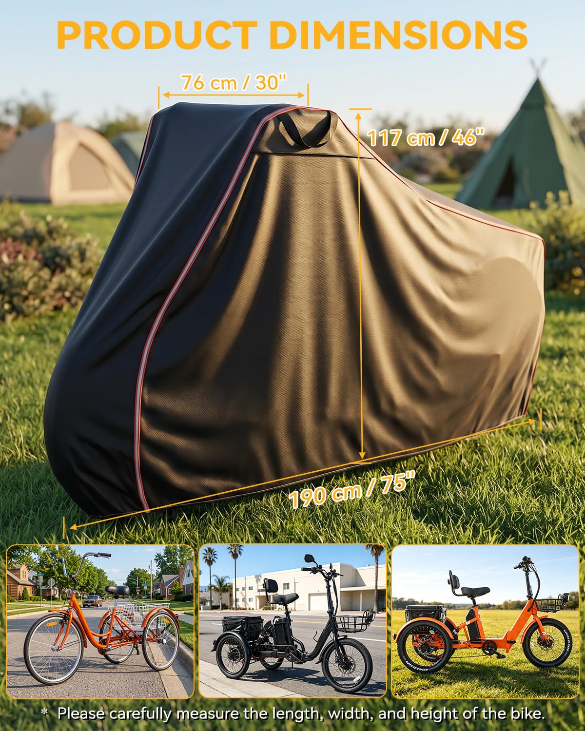 Housse pour tricycle et vélo cargo | Tissu Oxford Spunlace 210D imperméable anti-UV indéchirable, avec bandes réfléchissantes, dimensions 190 x 76 x 117 cm