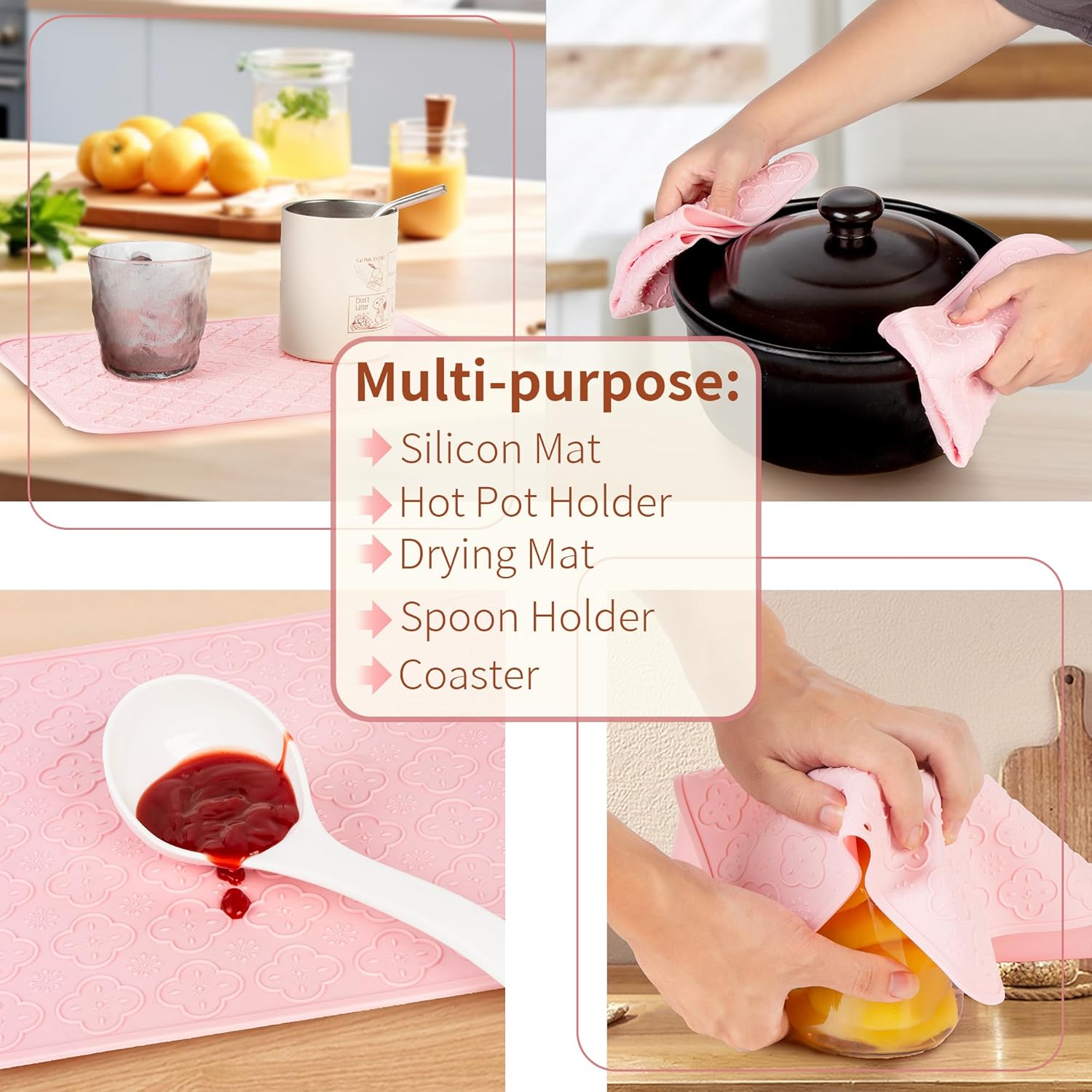 LEHAHA Melamine Serving Tray with Handles, 17.25 x 12 Inch Aesthetic Serving Platters and Trays with Curved Sides, Tray for Lunch, Coffee, or Breakfast, 4pcs Set, Silicone placemats Included,Pink