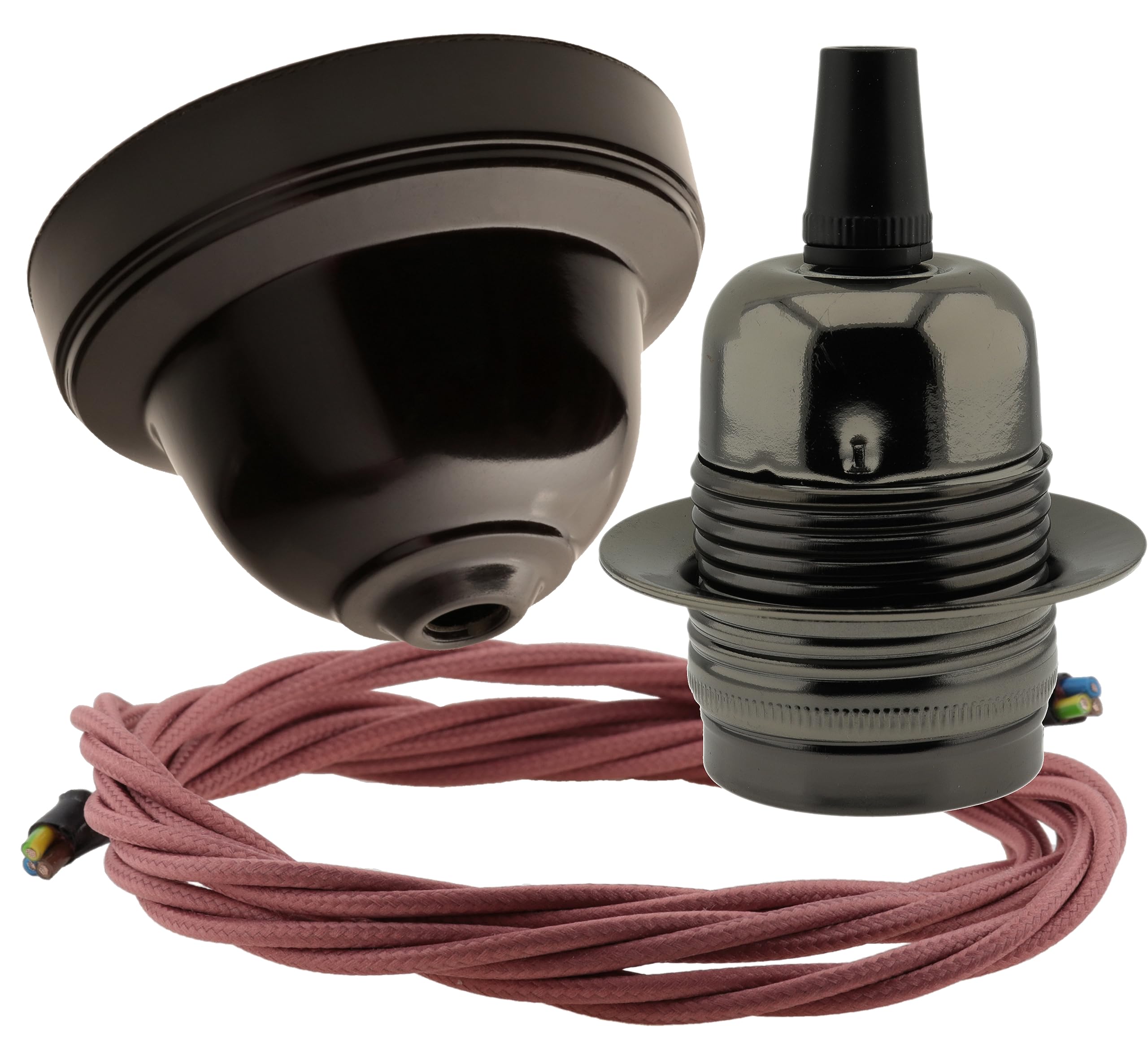 Repaireum Ltd. Vintage Styled Ceiling Pendant Kit incl. Black Bakelite Rose, Traditional E27 Lampholder in Antique Bras and 3 Core Dusky Old Pink Braided Twisted Flex