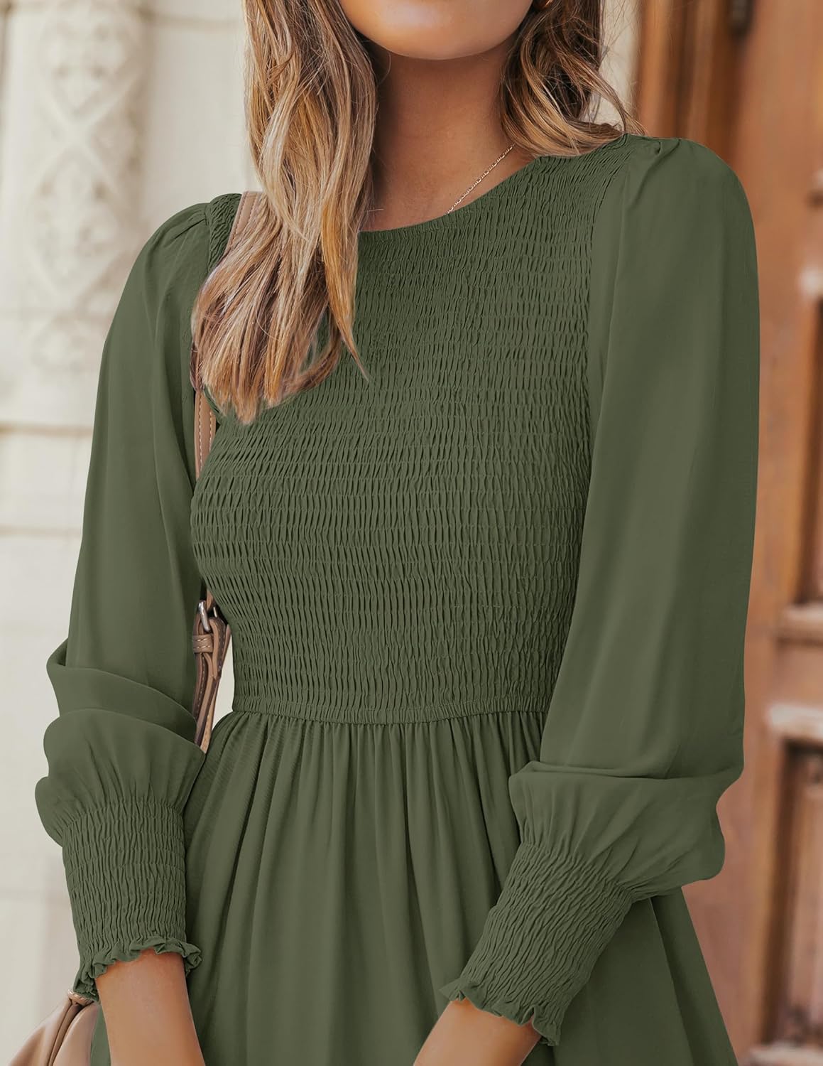 ZESICA Women's Casual Long Sleeve Crew Neck High Waist Smocked Flowy Tiered Midi Dress - Image 5