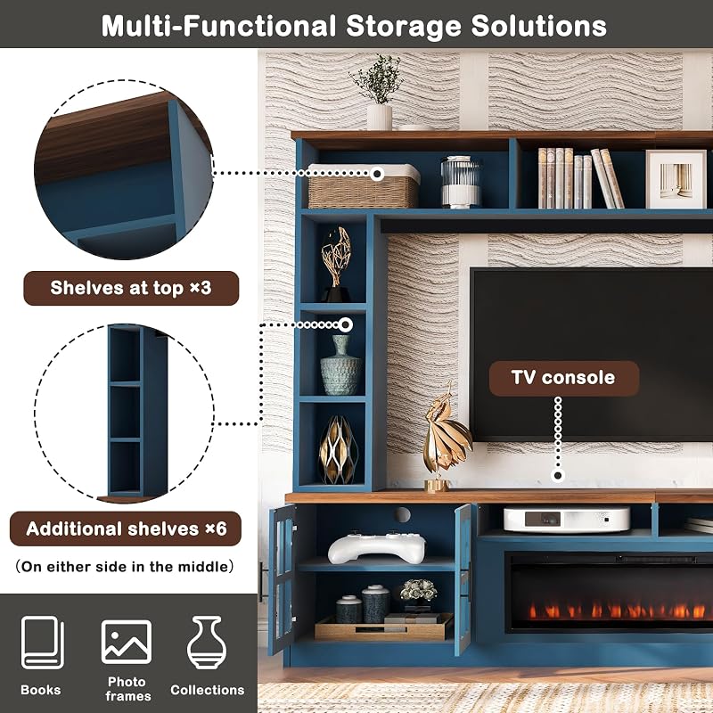 Farmhouse Entertainment Center with Fireplace, TV Stand with Bookshelves, Glass Doors & Adjustable Shelves, 95.5" Wall Unit Media Console for TVs up to 80", Navy Blue image 4