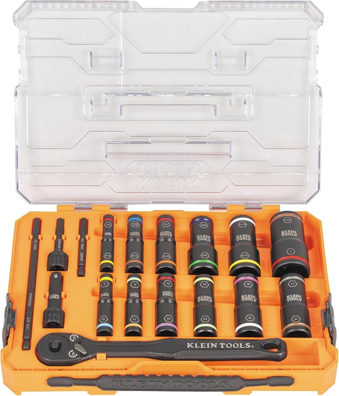 Jogo de Soquetes de Impacto Profundos KLEIN TOOLS KNECT 65626 com 18 Peças, Encaixe de 9,5 mm (3/8 pol.), Tamanhos SAE e Métricos, Estojo MODbox