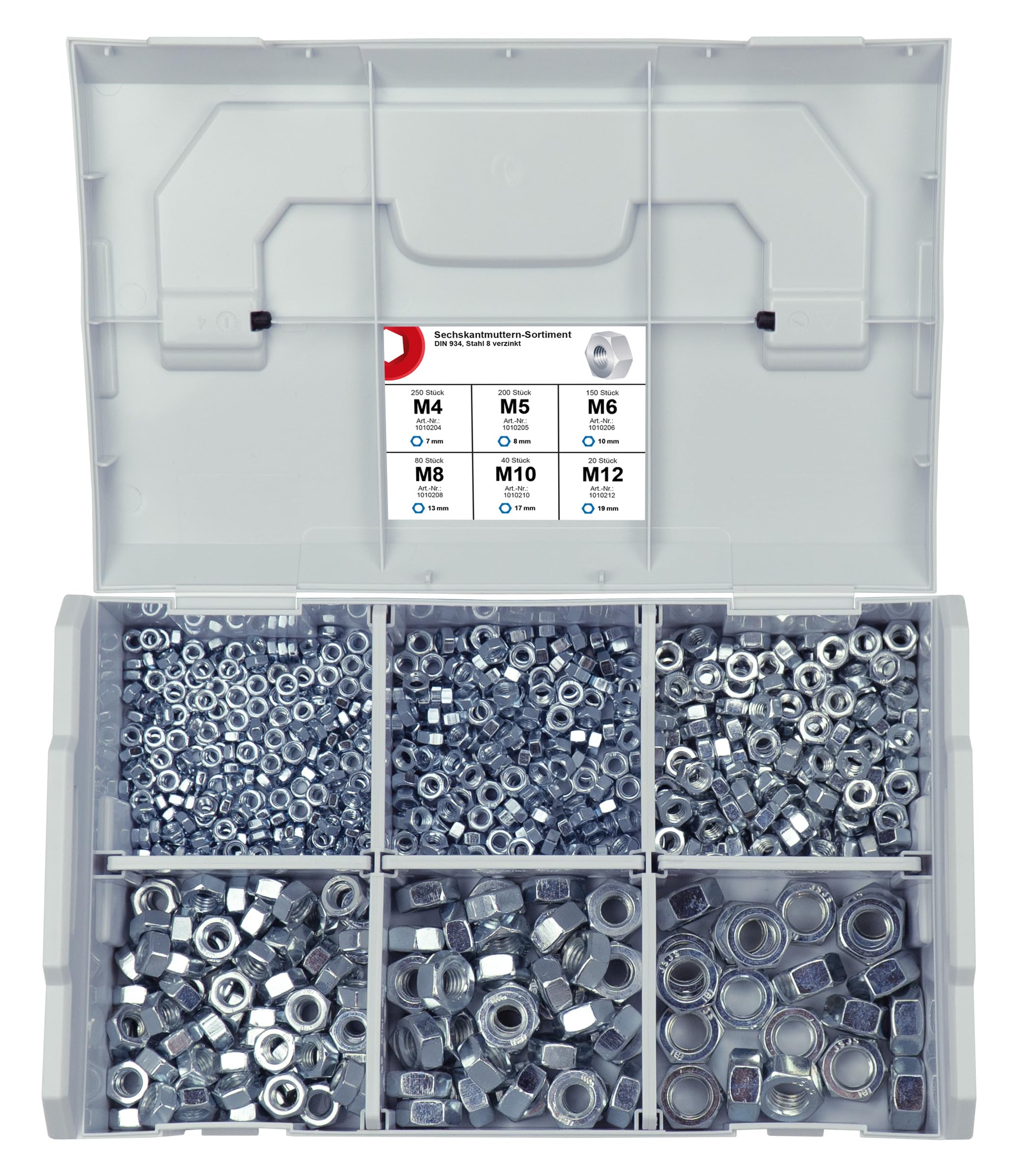 FRANTOS L-BOXX Mini Muttern & Unterlegscheiben Sortiment 1530 tlg. Set | M4 bis M12, DIN 934, DIN 125 A & DIN 9021, Stahl verzinkt, Sechskantmuttern, Beilagscheiben