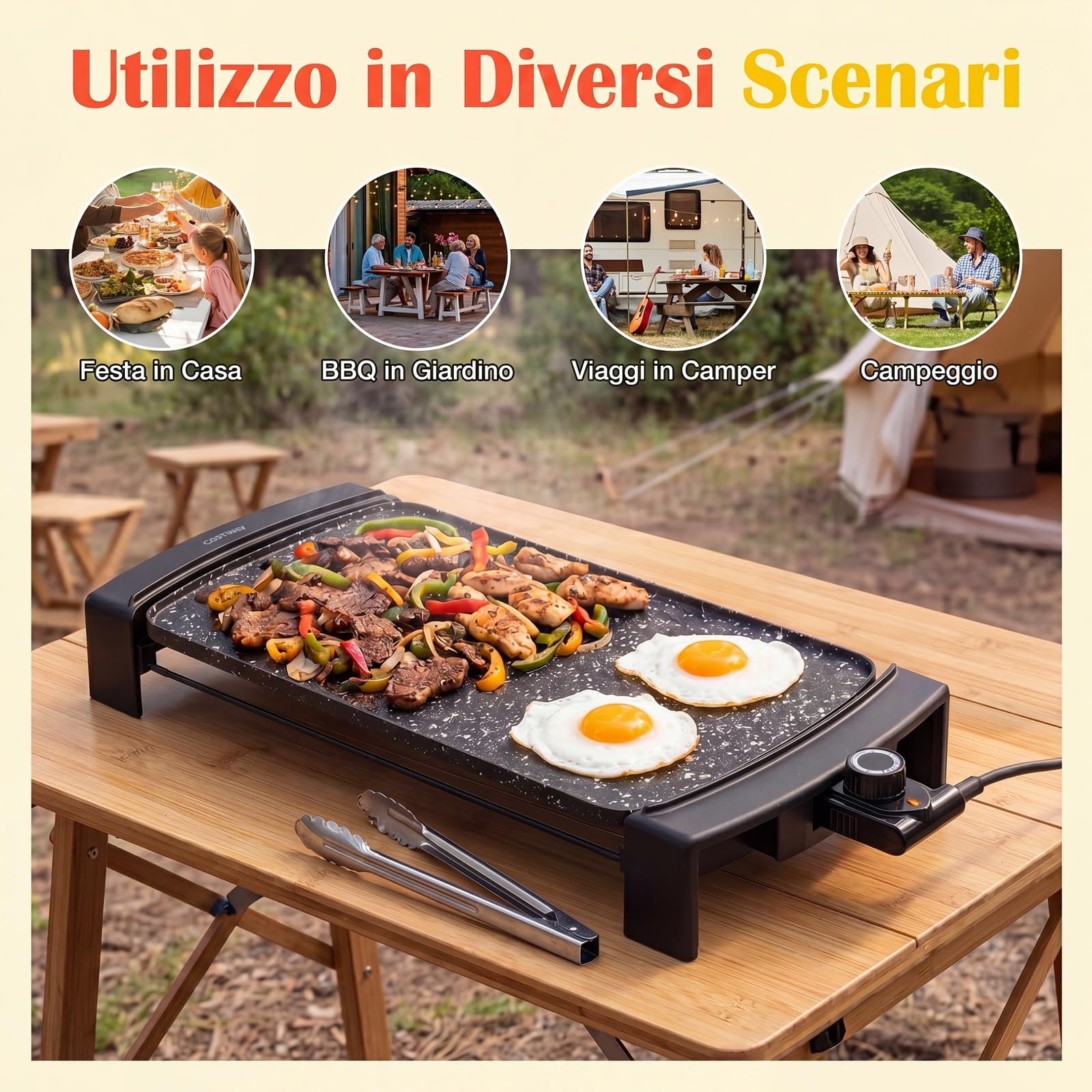 COSTWAY 2150W Piastra Elettrica da Tavolo con Rivestimento Antiaderente | Piastra Grill con Doppia Faccia, Temperatura Regolabile, Vassoio Raccogli-grasso e Manici Freddi, per Barbecue e Campeggio