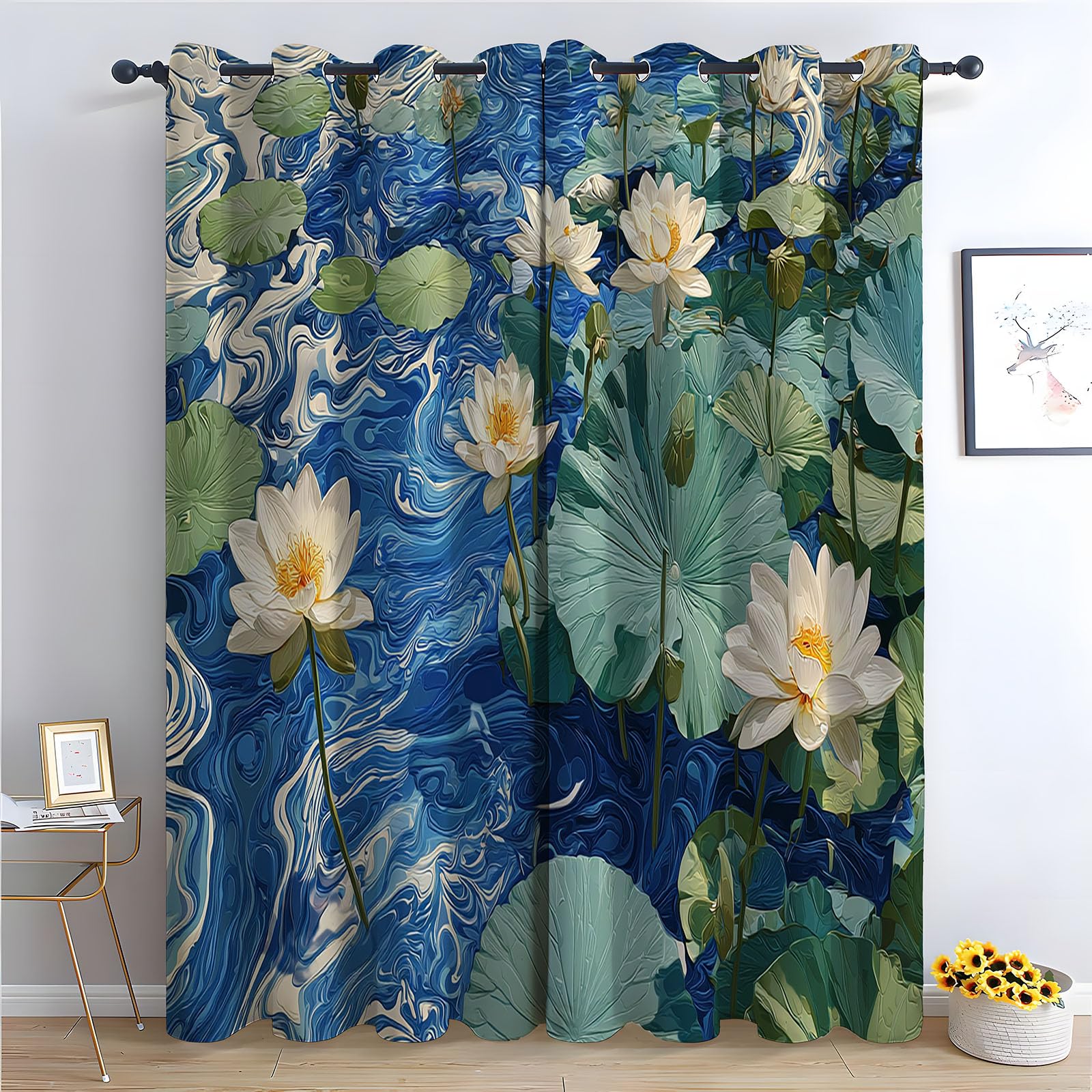 TERUEA Floral Curtains for Living Room Stylized white green leaf swirling blue water pond nature Floral Printed Room Darkening Curtains for Bedroom,-28" W x 63" L (Pack of 2)