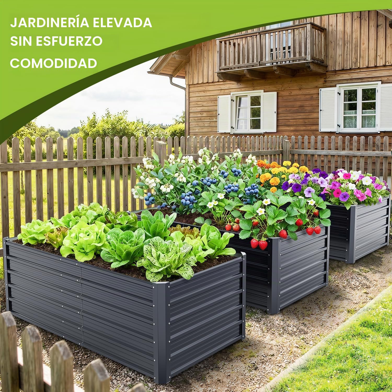 Ohuhu Bancal alto de metal para plantas, 180 x 90 x 60 cm, bancal alto para jardín de chapa de acero resistente, resistente al óxido y estable, ideal para jardín, verduras, hierbas, flores, antracita