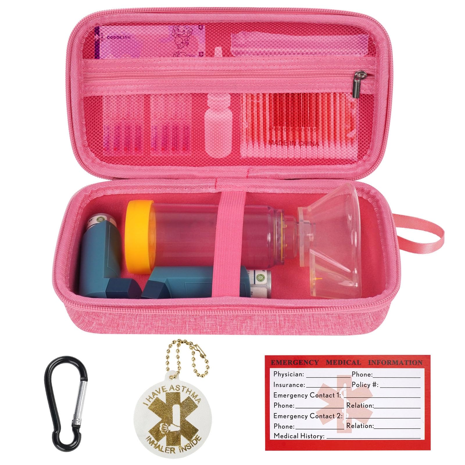 MGZNMTY Travel Carrying Case Compatible with Asthma Inhaler Spacer for Adults and Children, Masks, Inhaler Holder with Asthma Alert Tag and Medical Card, Carabiner (Only Case) (Pink)