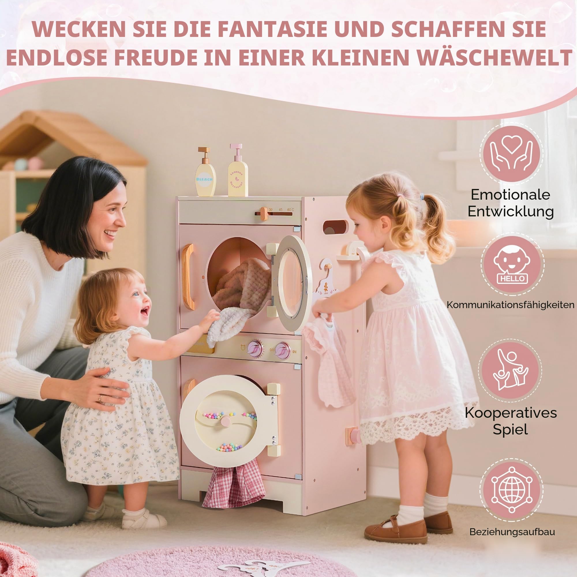ROBUD Kinder Waschmaschine Set aus Holz: Spielküche Spielzeug, 2-in-1 Spielwaschmaschine Trockner Set, Rollenspiel Küchenspielzeug mit Bügeleisen, Kleiderbügel, Seife, Geschenk für Kinder ab 3 Jahren