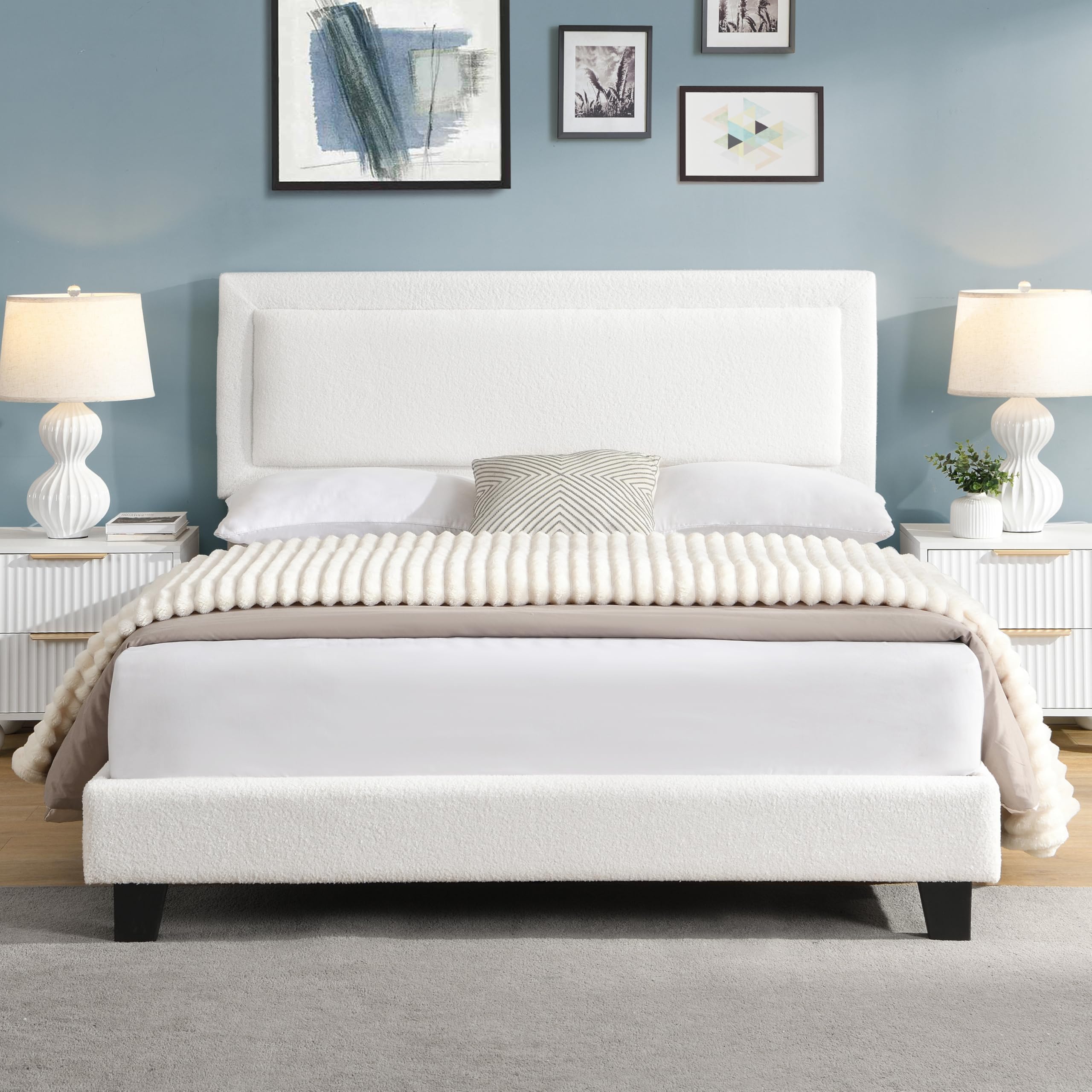 Queen Bed Frame with Headboard, Marshmallow Low Profile Platform Bed with Upholstered Frame, Aesthetic Bed Easy Assembly, Noise-Free, No Box Spring Needed (White)