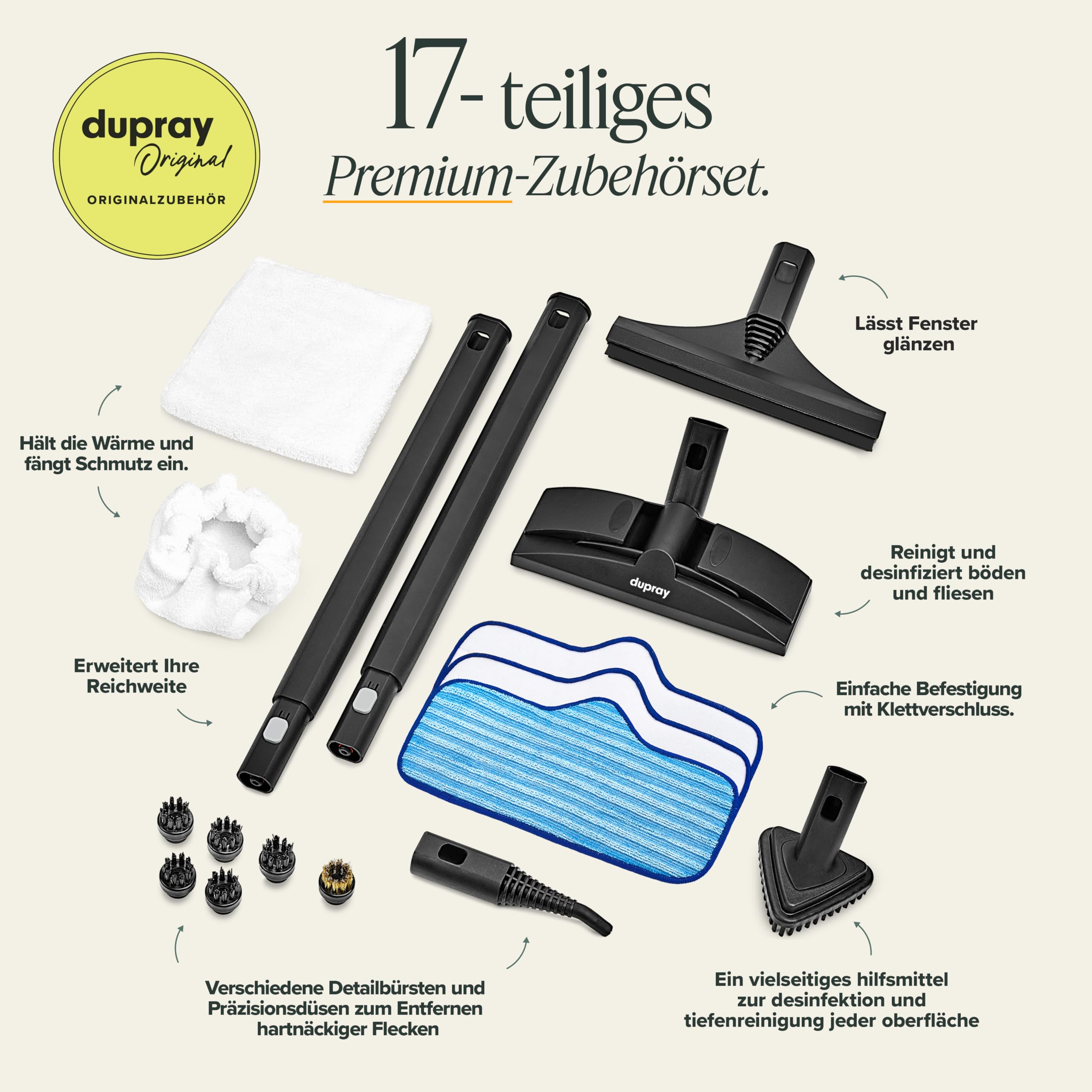Dupray Neat Plus Dampfreiniger – Vielseitiger Hochleistungs-Dampfreiniger für Zuhause: Böden, Möbel, Autos und mehr (EU-Stecker, Neat Plus + 17 Zubehörteile)