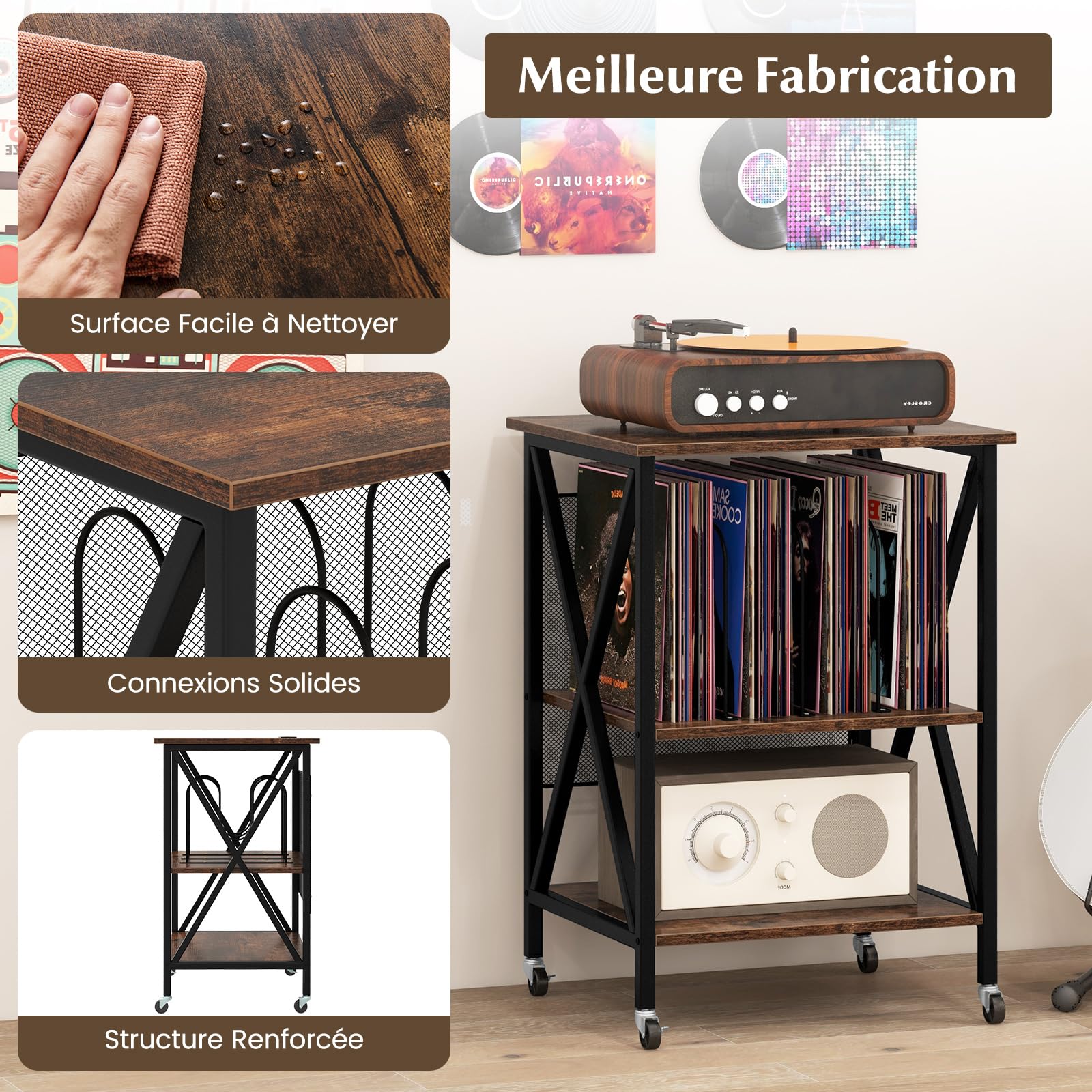 GOPLUS Meuble Platine Vinyle à 3 Niveaux avec Station de Charge, Roulettes Verrouillables, Cadre en Métal, Table d'Appoint pour 250 Vinyles pour Salon, Bureau, 52x45x75cm (Marron Rustique)