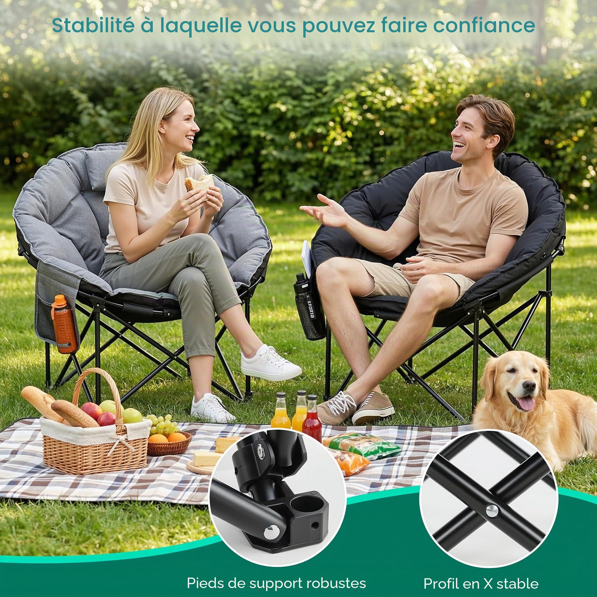 LIFERUN Chaise Pliante Camping 150KG, Chaise Rembourrée extérieur,Moonchair