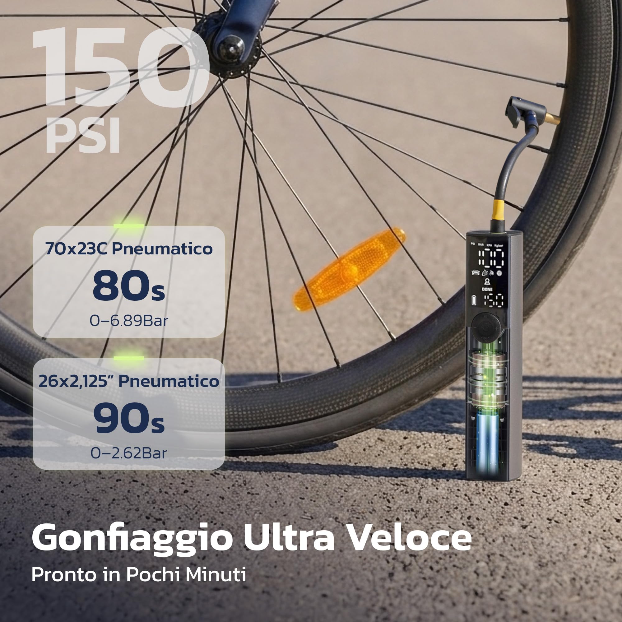 Woowind Ventus Ride Pompa Elettrica per Bicicletta, 150 PSI, 10,3 Bar, Portatile, Compressore Aria, Presta, Schrader, MTB, e-bike