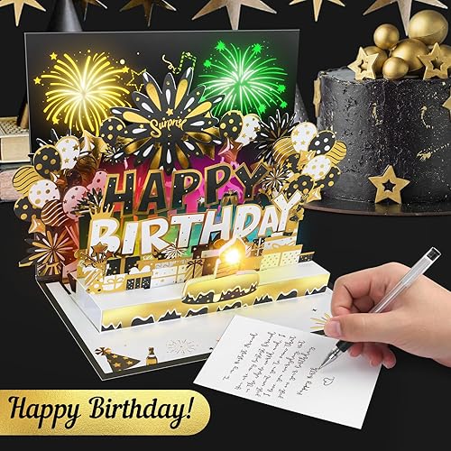 Miniatura 4 de Tarjeta de cumpleaños, tarjetas de cumpleaños musicales desplegables con luces de fuegos artificiales, vela de luz LED soplada y reproduce música de