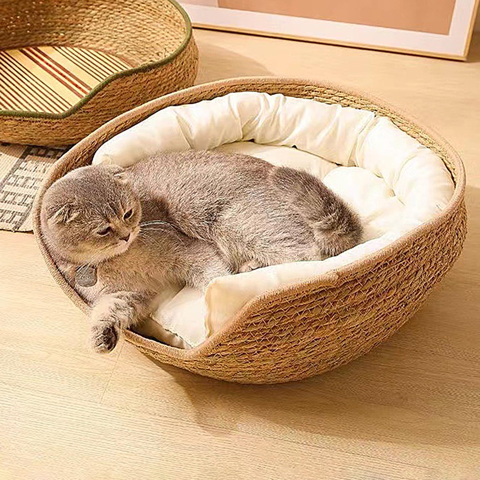 Cuccia per gatti in rattan, 35 cm, rotonda, in rattan fatto a mano, con in cotone, per tutte le stagioni