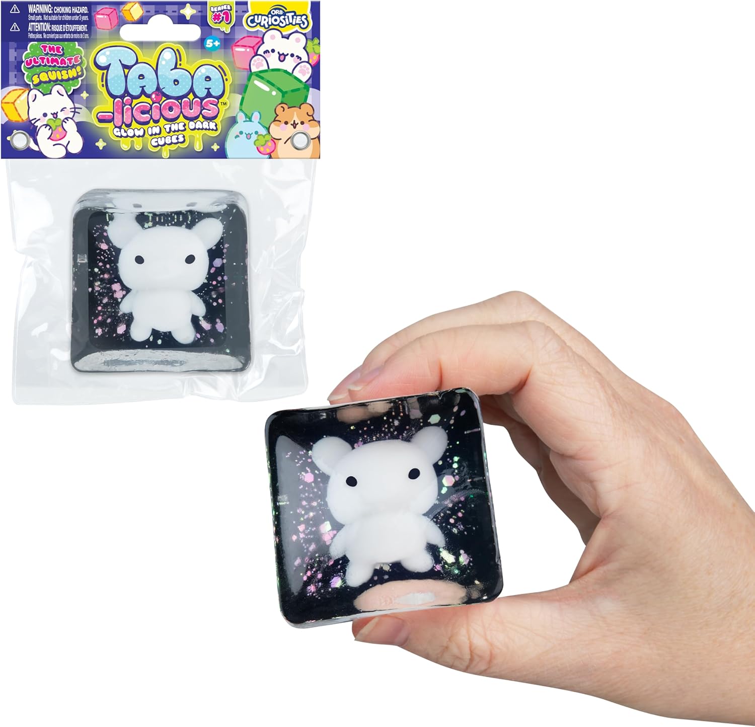 ORB Tabalicious TABA Squishy Glow in The Dark White Bear Stress Cube Toy - Soft, Sticky, Glowing TABA Squishy Animal Stress Cubes - Fun Stress Ball Squishies - Kawaii Fidget Toys for Kids and Adults