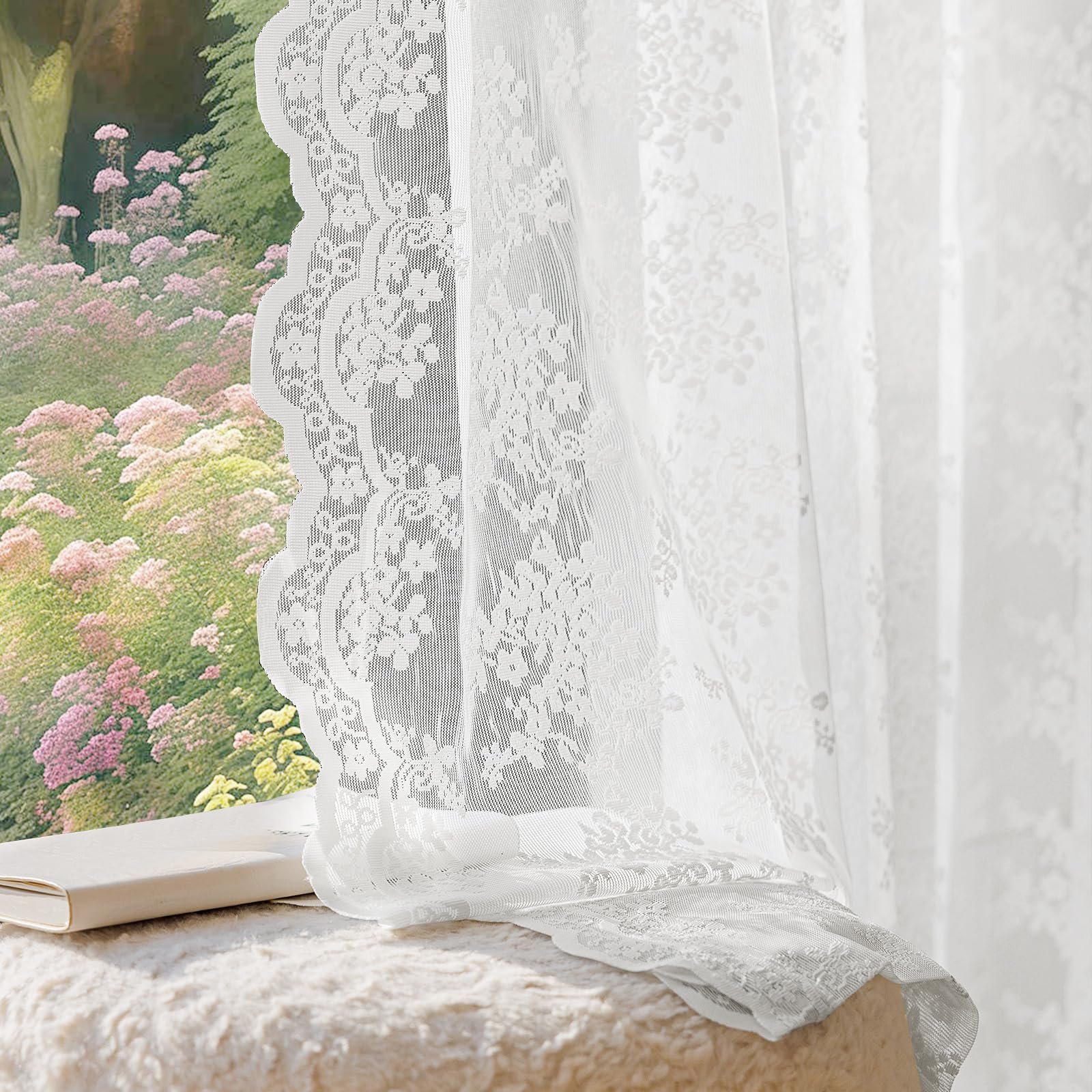 Anmao Vintage Lace Curtains 96 Inches Long 2 Panels Set, Romantic Elegant Light Filtering Semi Sheer Floral Thick Lacy Curtain Drapes for Living Room