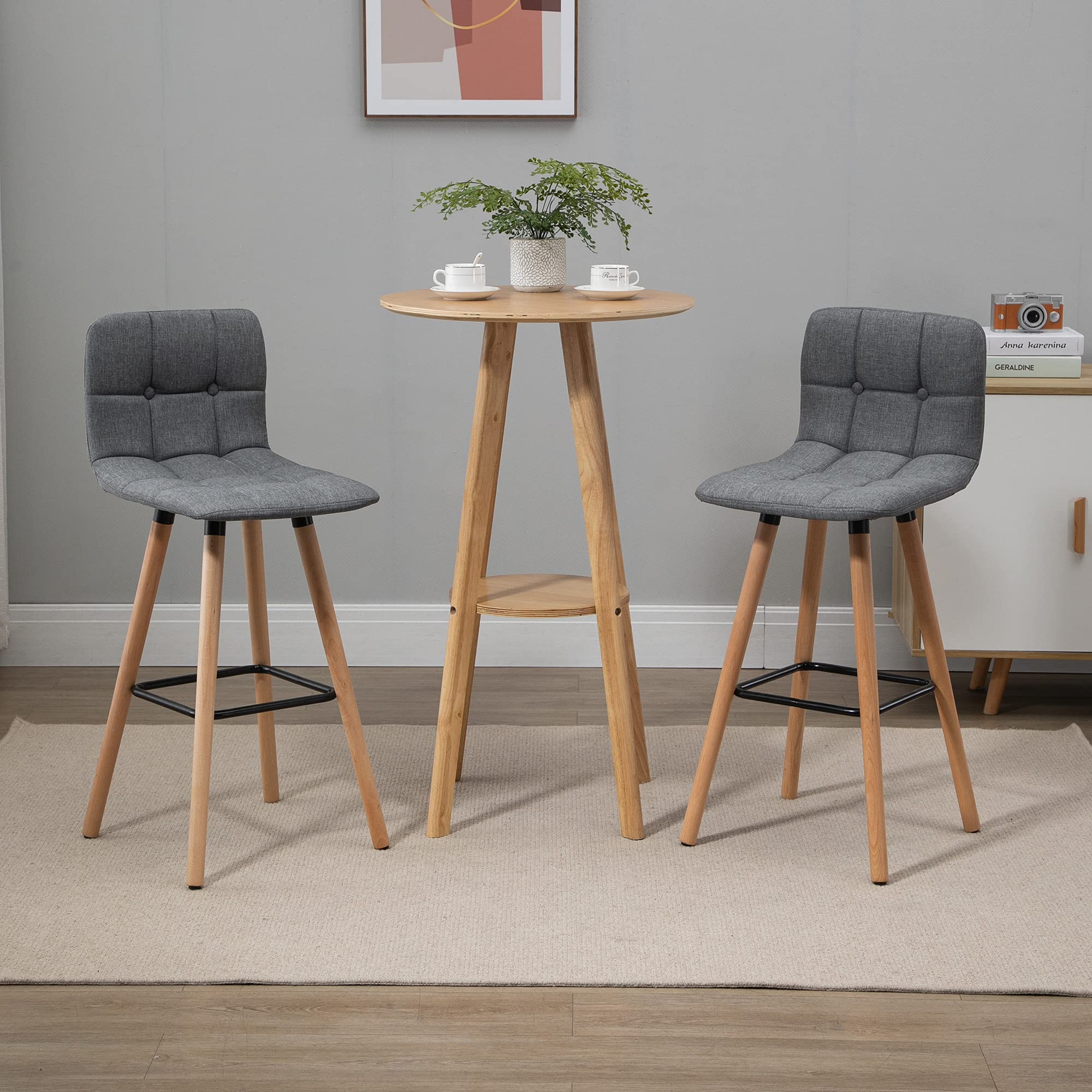HOMCOM Set 2 Sgabelli da Bar con Schienale e Poggiapiedi, Grigio | Sgabelli Cucina, Seduta Imbottita in Tessuto e Gambe in Legno, 41.5x47x97.5