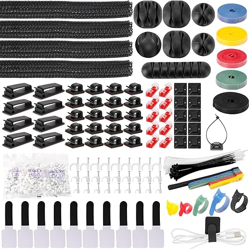Miniatura 1 de Kit de organización de cables de 604 piezas, 4 fundas organizadoras de cables, 7 soportes para cables, 38 clips adhesivos para cables, 40 piezas + 5